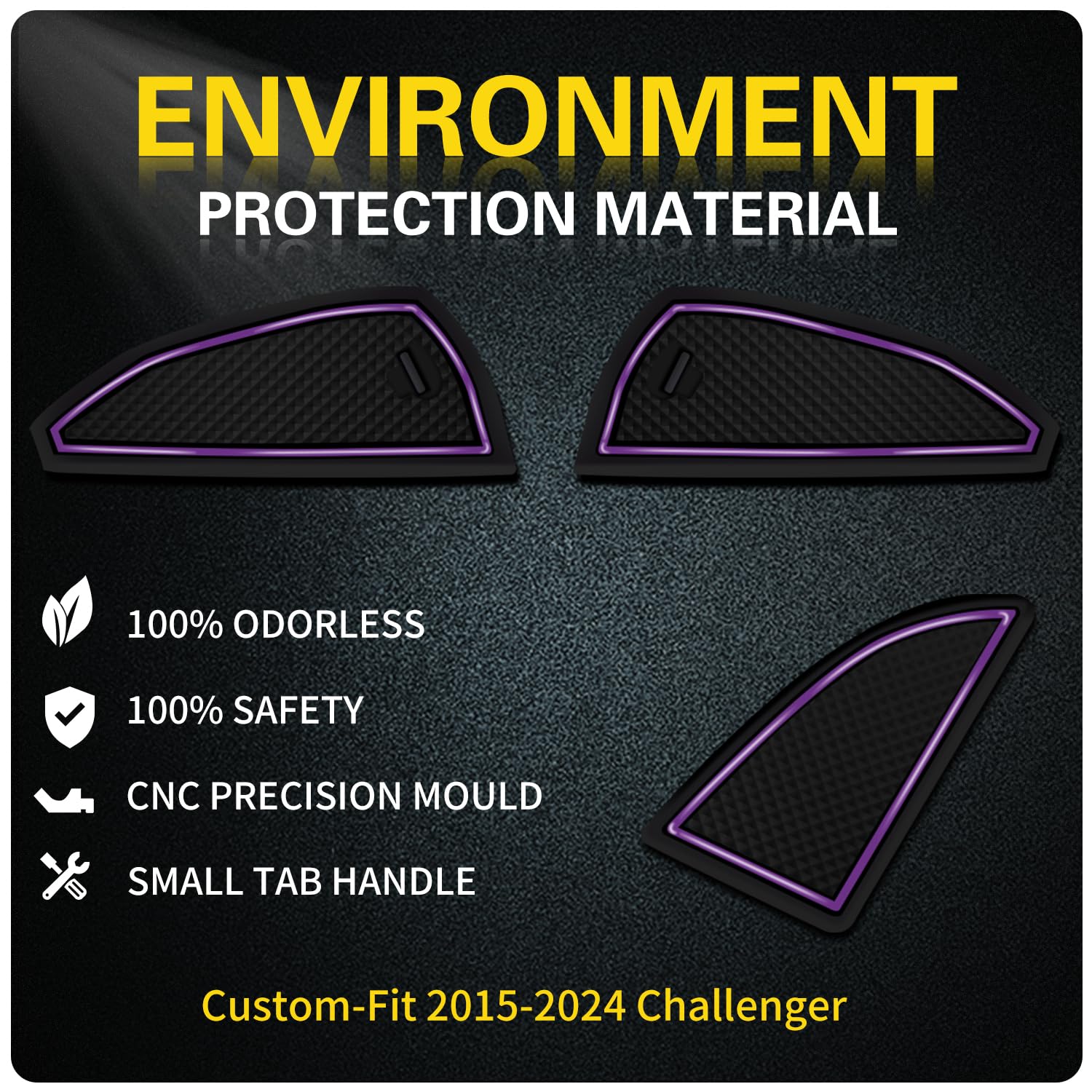 Premium Anti-Dust Interior Pads Set for Dodge Challenger 2015-2024 - 11-Piece Custom Fit Cup Holder Inserts, Center Console Liner & Door Pocket Mats with Purple Trim | Perfect for Car Organization & Protection