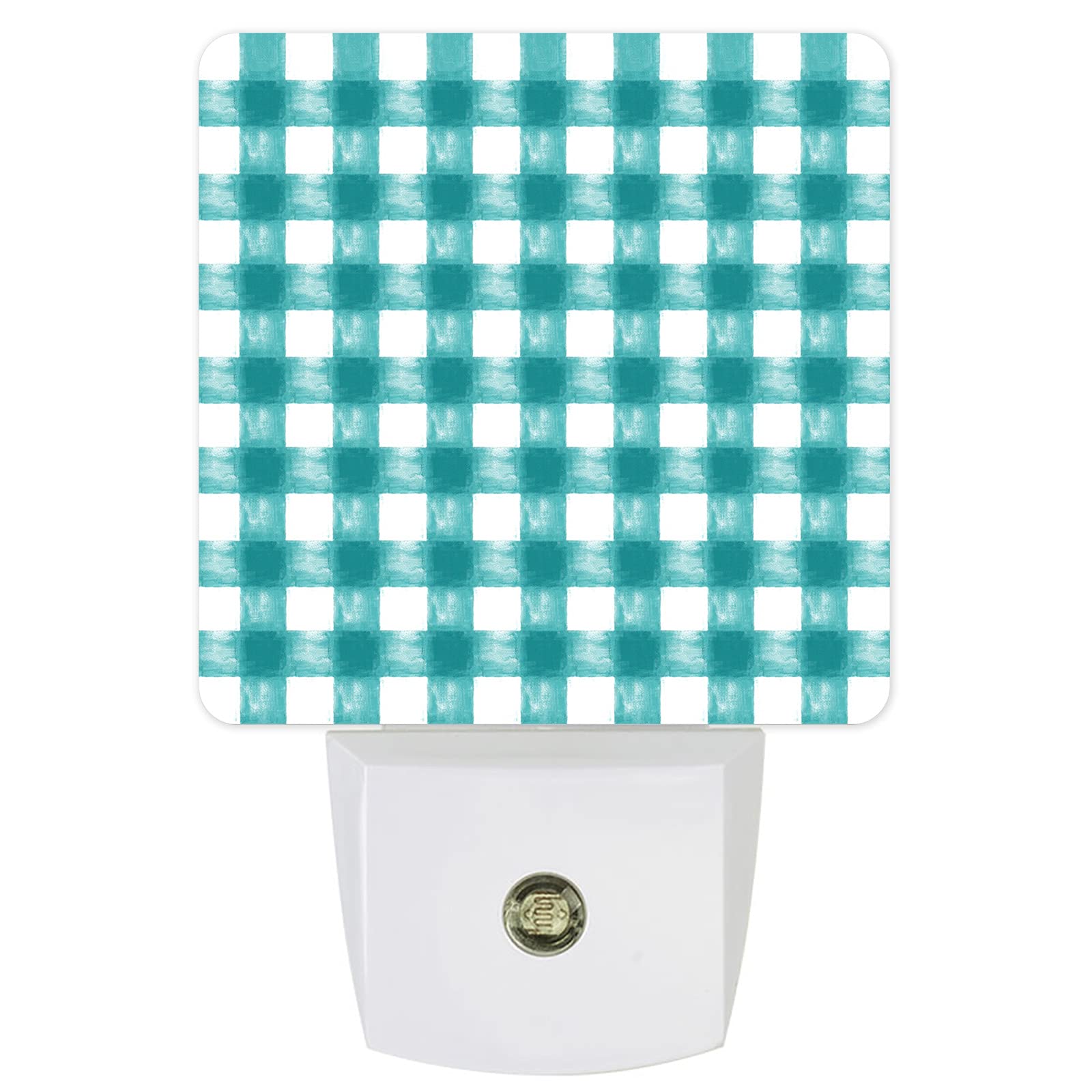 LED Plug-in Night Light - Teal Rustic Checkered Wall Light with Watercolor Buffalo Plaid Design, Farmhouse Style Square Night Lamp for Bathroom, Bedroom, Nursery, Hallway & Living Room - Perfect for Nighttime Safety and Cozy Ambiance