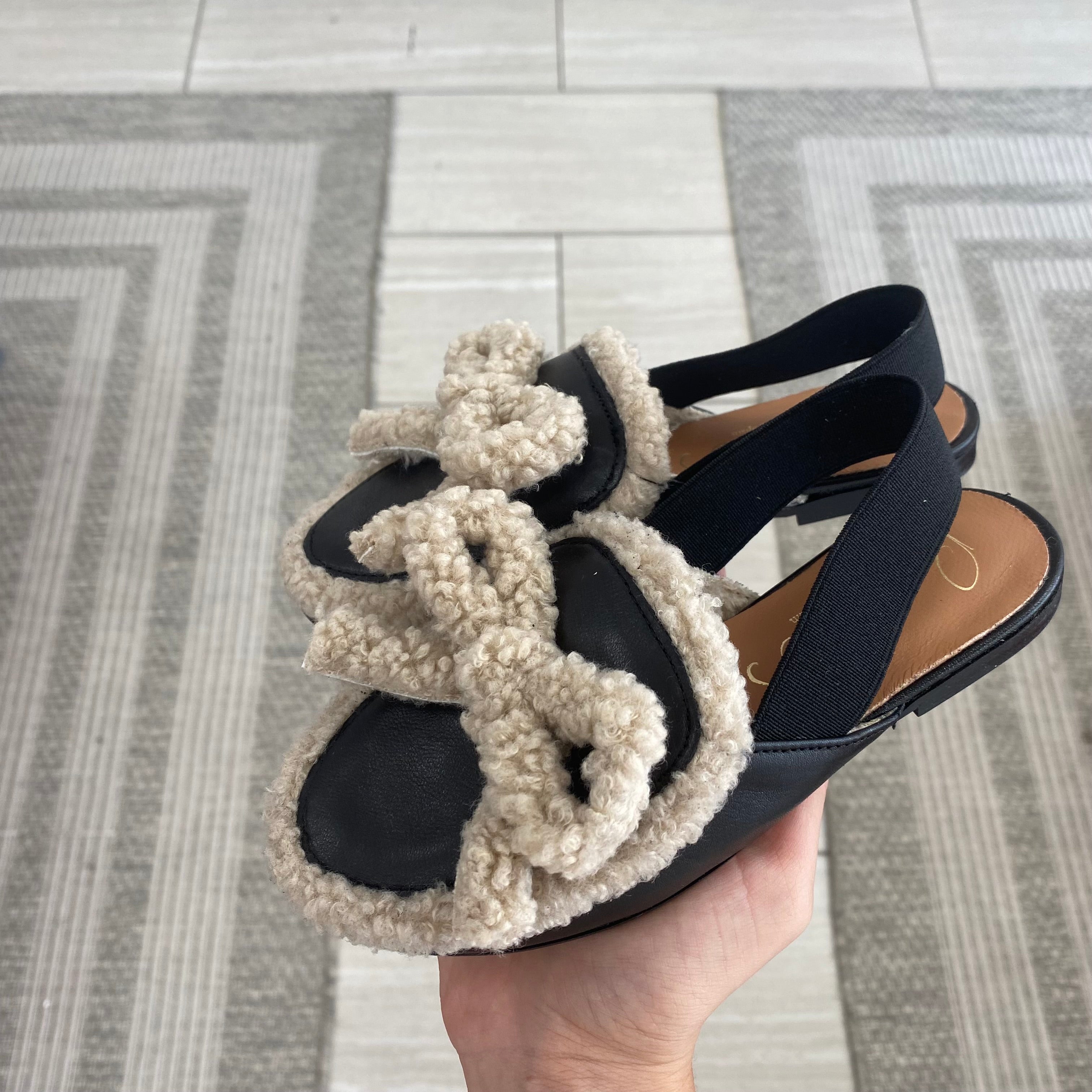 Black and White Shearling Bow Mule Slippers - Cozy Indoor/Outdoor House Shoes for Women, Perfect for Home, Lounge, and Casual Wear