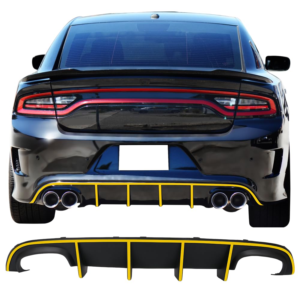 IKON MOTORSPORTS Front Bumper Lip Spoiler & Rear Diffuser for 2015-2023 Dodge Charger SRT | Quad Exhaust Design with Yellow Reflective Tape | Aggressive Styling Upgrade for Street & Track Performance