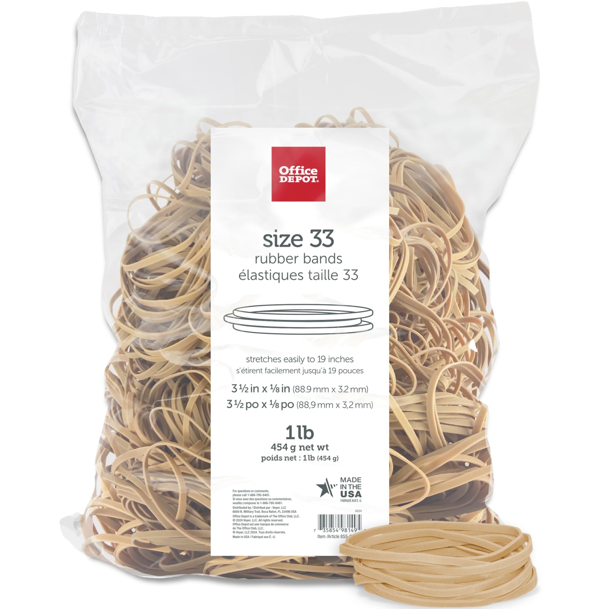 Office Depot #33 Rubber Bands - 3.5 x 0.125 Inch Size - 1 Pound Bulk Bag (2433408) for Office Supplies, Mailing, Packaging & Organizing Documents
