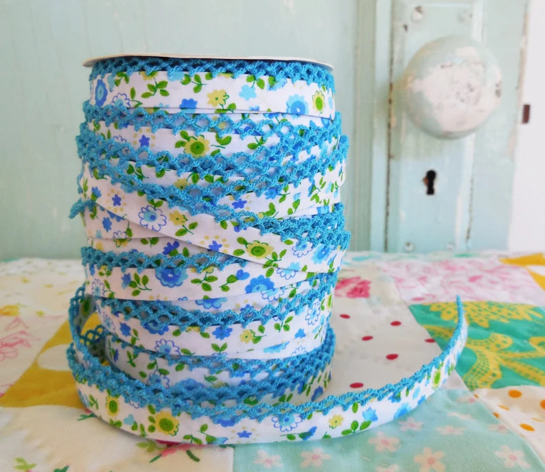 Turquoise Floral Double Fold Lace Bias Tape by the Yard - Perfect for Sewing, Quilting, and DIY Dressmaking Projects