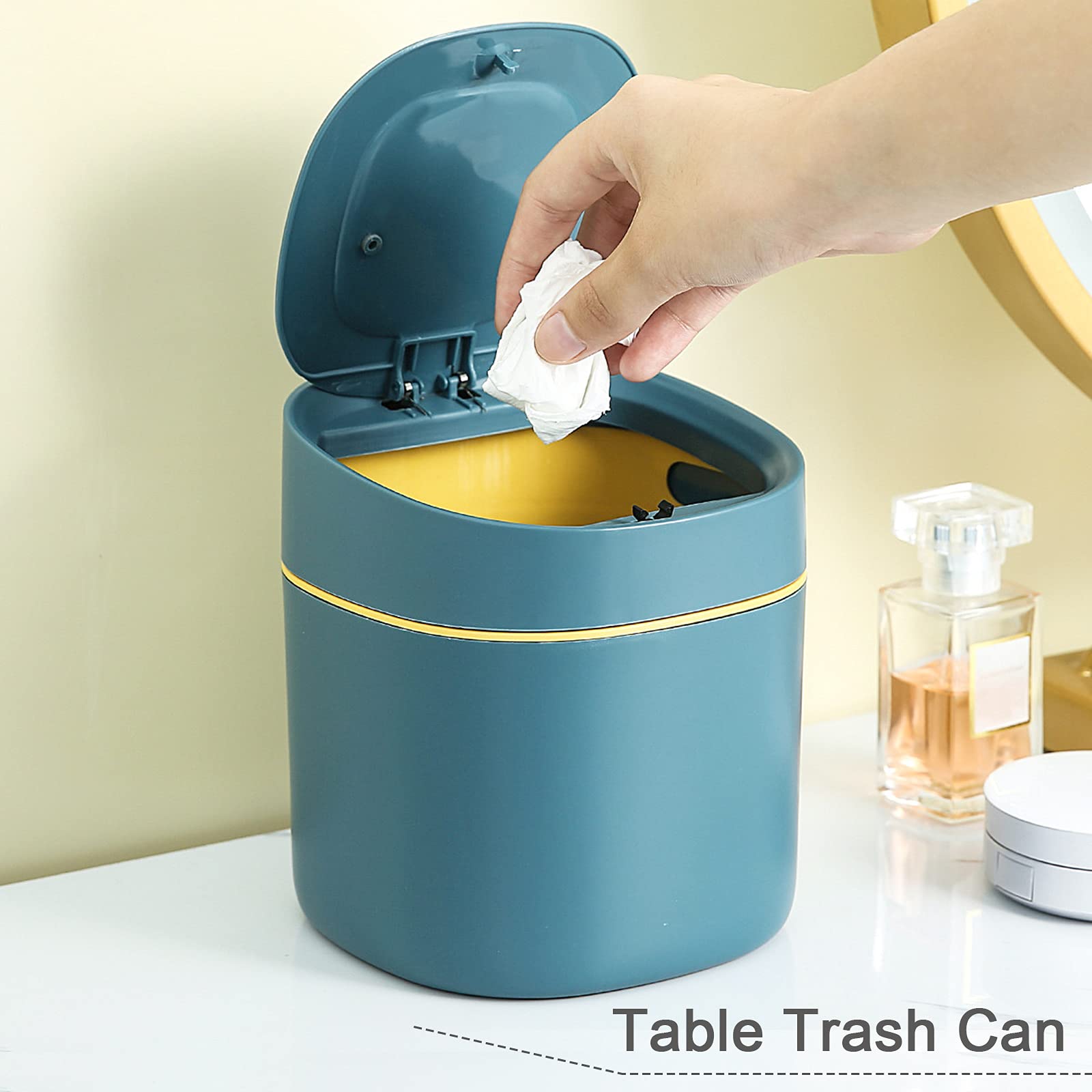 SVUPUE Mini Trash Can with Lid - Small Desktop Garbage Bin for Bathroom, Kitchen, Office & Coffee Table - Portable & Detachable Lid - Blue - Perfect for Home, Office & Travel Use