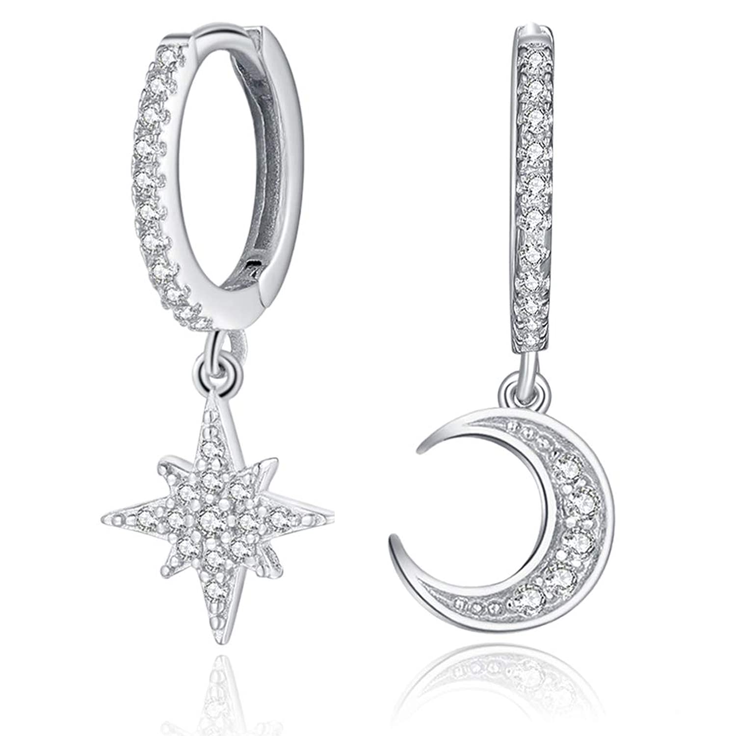 925 Sterling Silver Dangle Hoop Earrings for Women & Men - Spike Moon Star Snake CZ Huggie Earrings in Gold/Silver Tone | Trendy Fashion Jewelry Gift for Parties, Dating & Everyday Wear