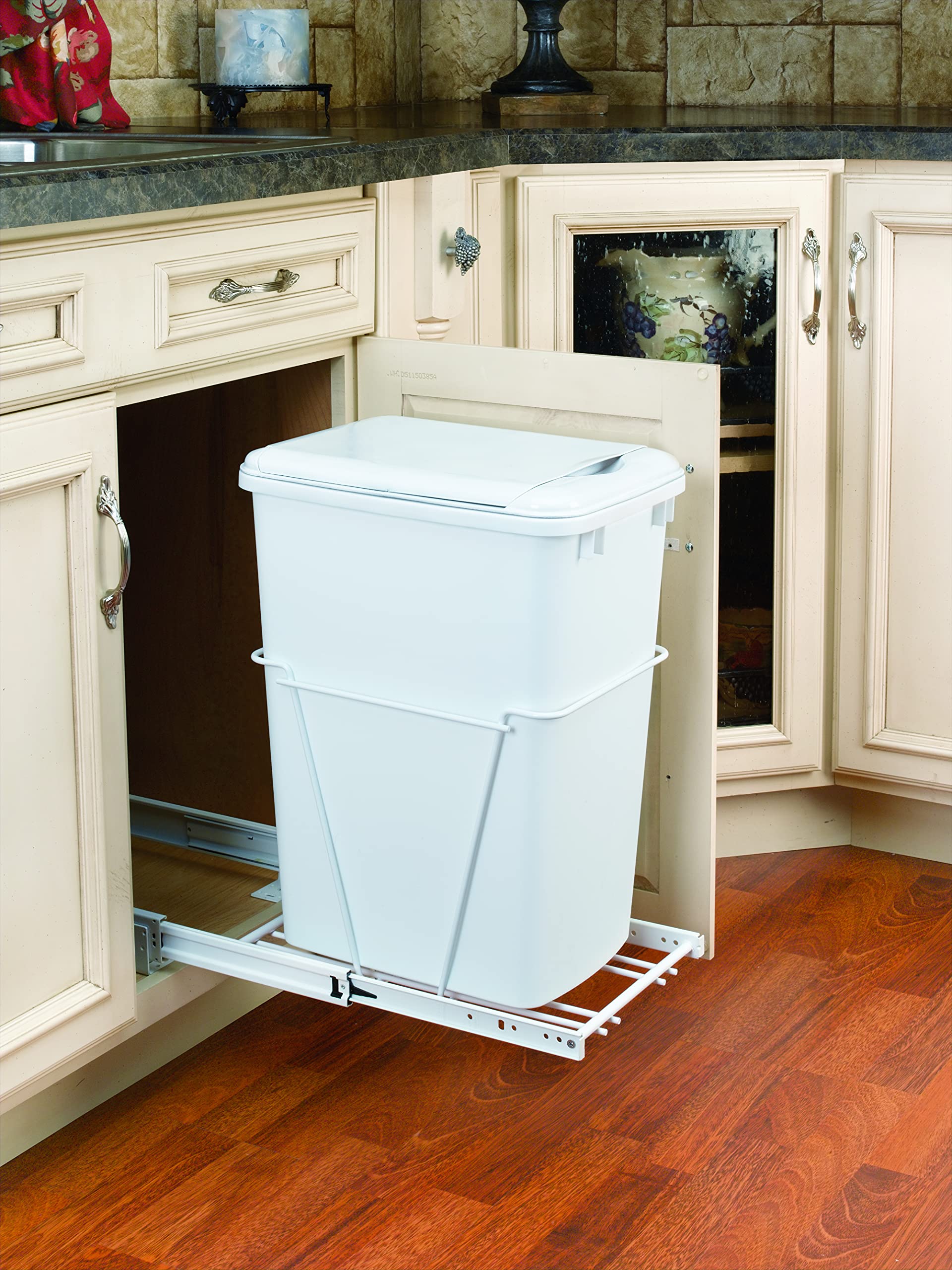 Rev-A-Shelf 35 QT Pull Out Trash Can with Lid - White | Under Sink Waste Bin for Kitchen Cabinet Organization | Space Saving Garbage Container for Home & Office Use