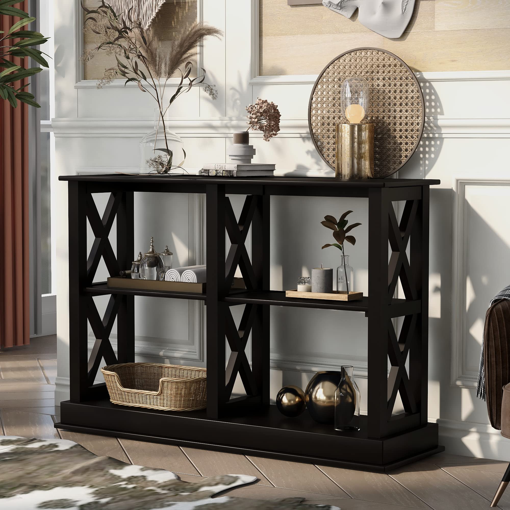 LUMISOL 3-Tier Console Table with Storage Shelves - Modern French Style Entryway Hallway Foyer Table for Living Room, Bedroom & Office - Black Wooden Sofa Table with Storage Space for Home Decor & Organization