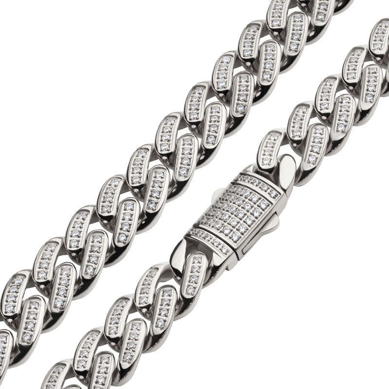 12mm Stainless Steel Miami Cuban Link Chain Necklace - CNC Precision Cut with Genuine Cubic Zirconia Stones - Secure Double Tab Box Clasp - Perfect for Men's Jewelry, Hip Hop Fashion & Gift Giving