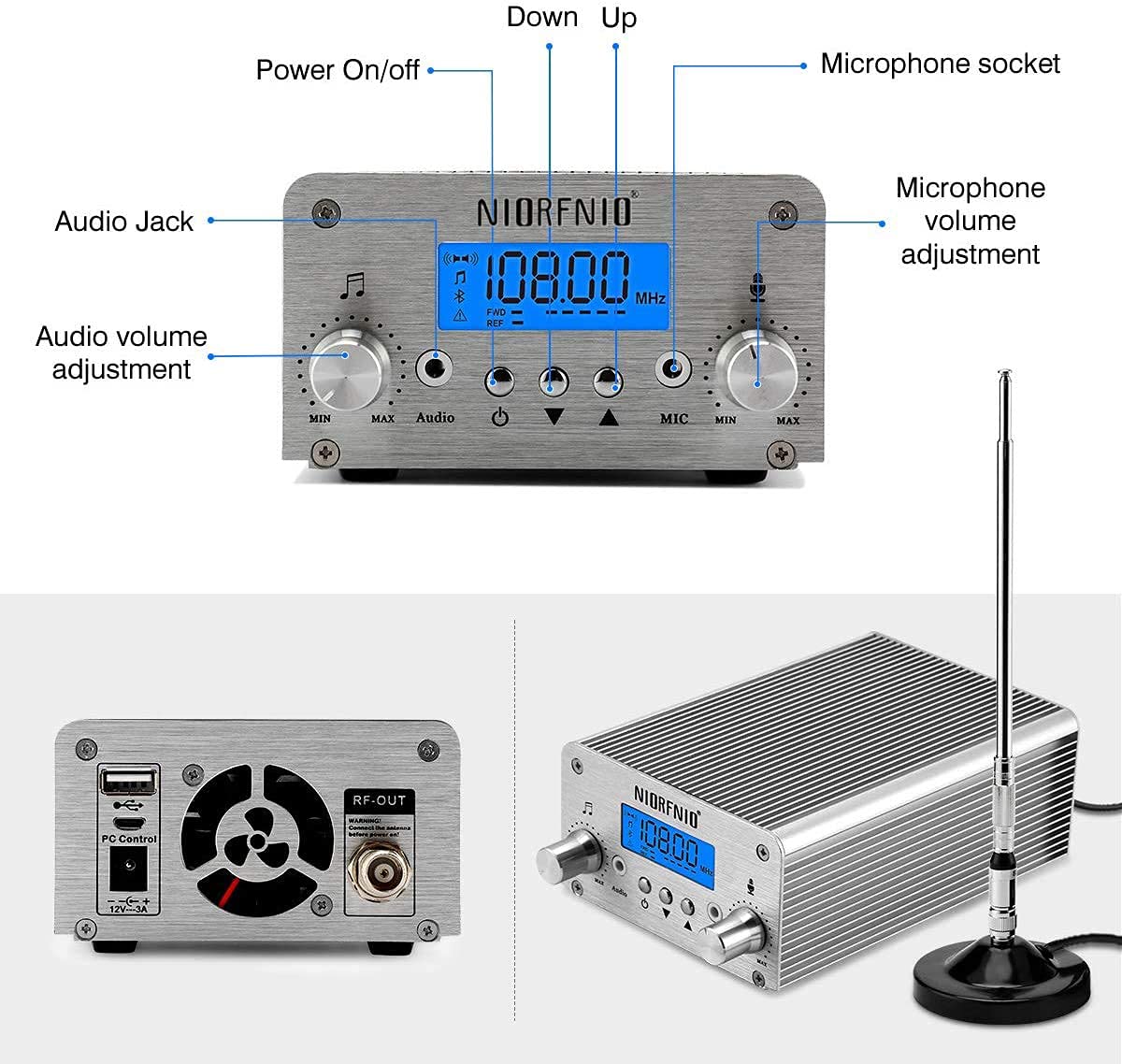 NIORFNIO 15W FM Transmitter Bluetooth Wireless Stereo Broadcasting 87-108MHz - Long Range Car Radio Station Kit for Church, Mall, Lecture Hall & Personal Use | Perfect for Music Streaming, Announcements & Events