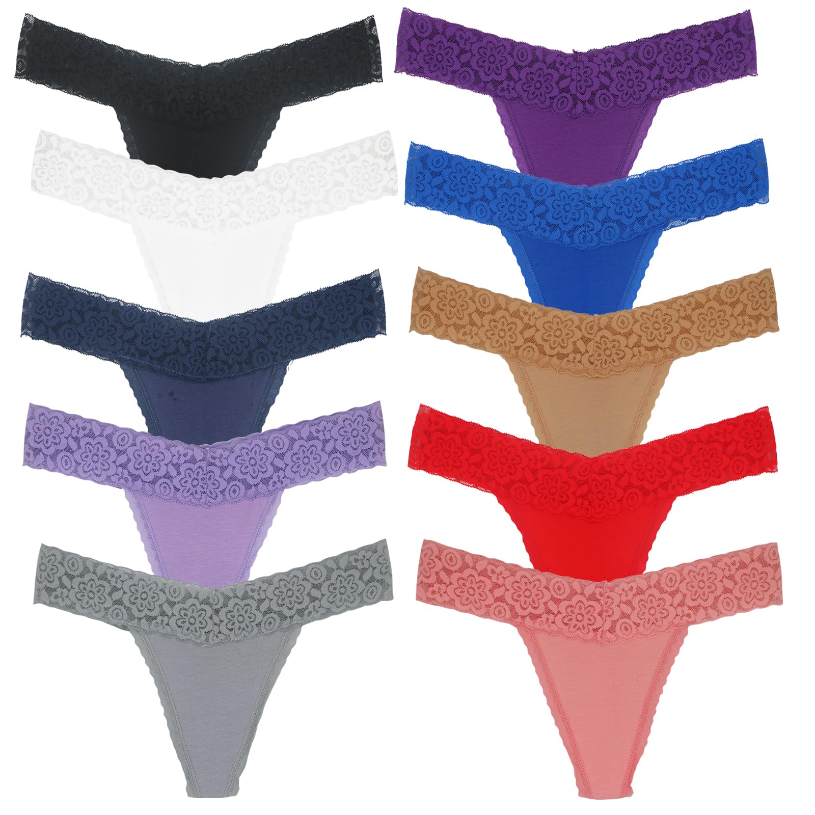 10 Pack Women's Lace Thongs Underwear - T-Back Low Rise See-Through Panties, Soft Cotton Lace Thongs for Women | Comfortable Daily Wear & Sensual Occasions