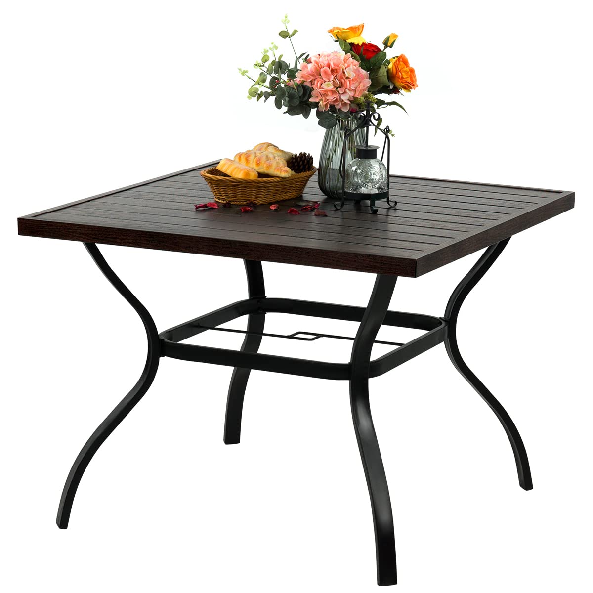 MEOOEM 37 Inch Outdoor Dining Table with Umbrella Hole - 3D Wooden-Like Top Metal Bistro Table for 4 People - Perfect for Patio, Garden, Poolside & Backyard Dining