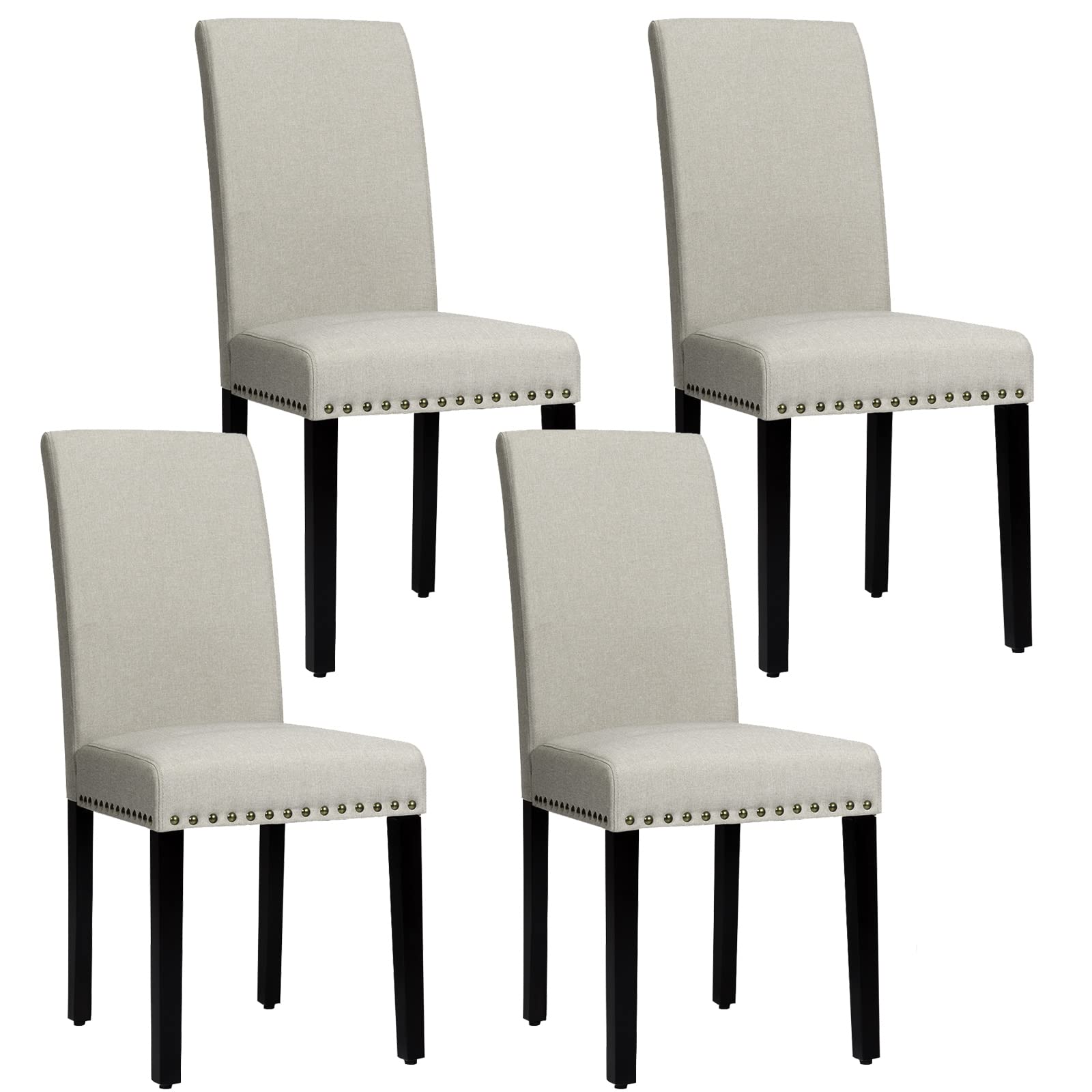 4 Pack KOTEK Upholstered Armless Dining Chairs - Modern Rubber Wood Legs with Nailhead Trim, High Back Parsons Chairs for Kitchen, Dining Room & Living Room - Beige - Perfect for Family Gatherings, Dinner Parties & Home Decor