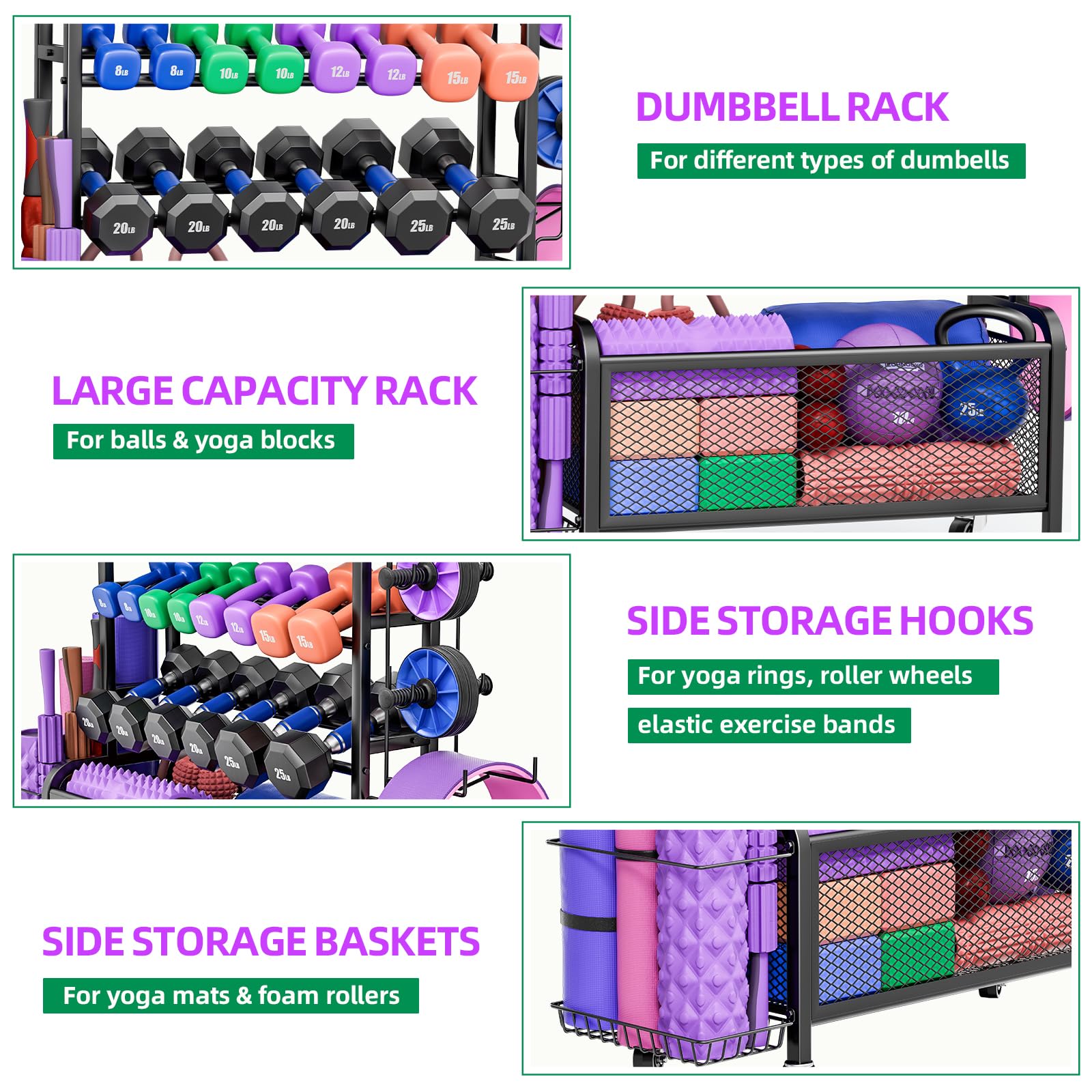Dumbbell Rack with Wheels - All-in-One Home Gym Storage for Dumbbells, Kettlebells, Yoga Mats & Exercise Balls | Space-Saving Workout Equipment Organizer for Home & Garage Gym