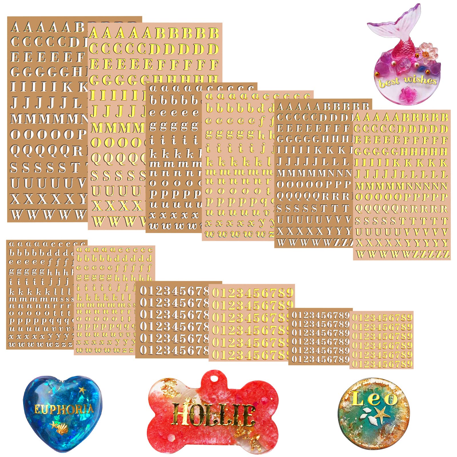 AIERSA Small Letter Stickers for Resin Scrapbooking - Glitter Gold & Silver Alloy Alphabet Number Stickers (3mm & 4.5mm Tall, 12 Sheets Self-Adhesive) - Perfect for DIY Crafts, Journaling, Card Making, and Home Decoration