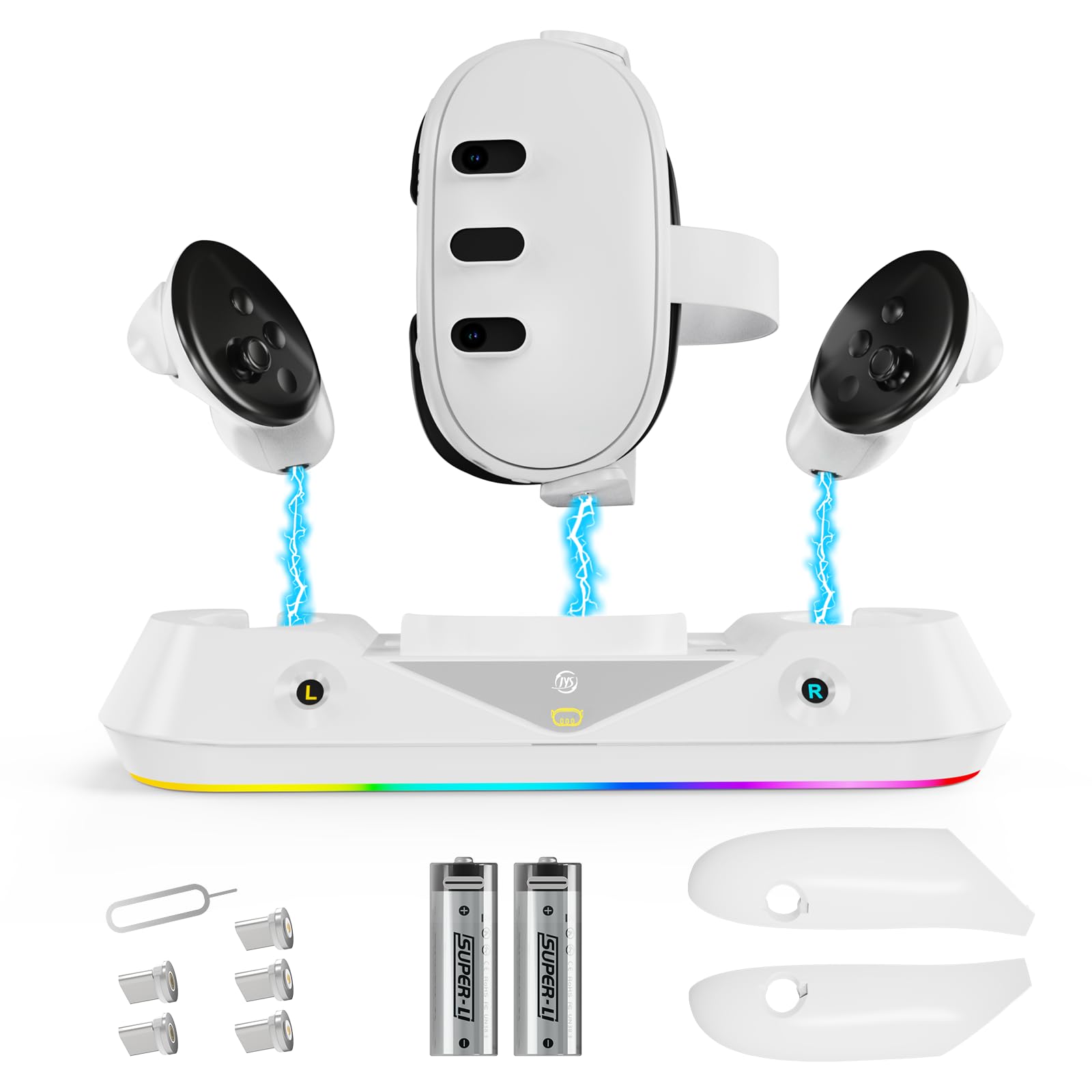 Fast Charging Dock for Oculus Meta Quest 3 - Magnetic Charging Station with RGB LED Light for Quest 3 Headset & Controllers - Includes 2 Rechargeable Batteries - Perfect for VR Gaming & Entertainment Setup