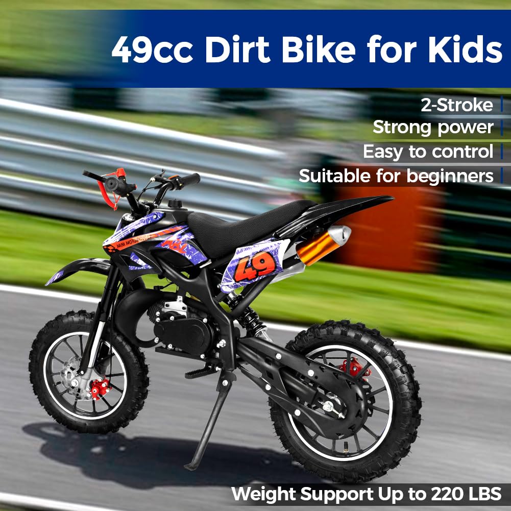 49CC Kids Dirt Bike - 2-Stroke Gas Powered Mini Bike for Off-Road & Trail Riding - Front & Rear Disc Brakes, Speeds Up to 40MPH, 220LBS Weight Capacity (Black) - Perfect for Backyard Adventures, Off-Road Trails & Youth Motocross Training
