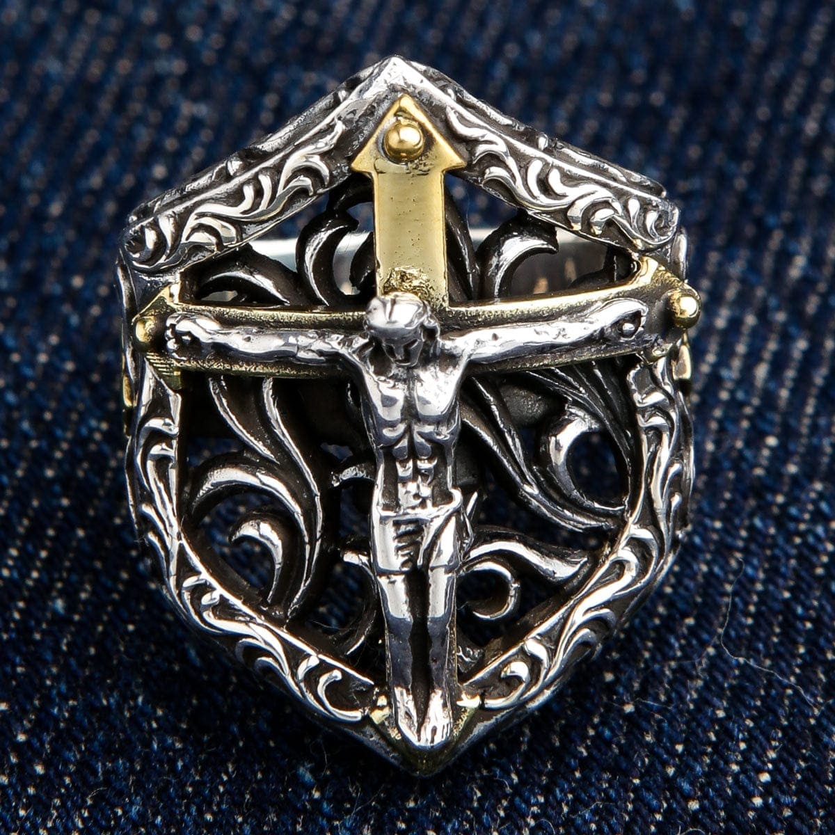 Sterling Silver Gold Cross Biker Ring for Men - Gothic Punk Style Jewelry for Motorcycle Riders & Fashion Enthusiasts