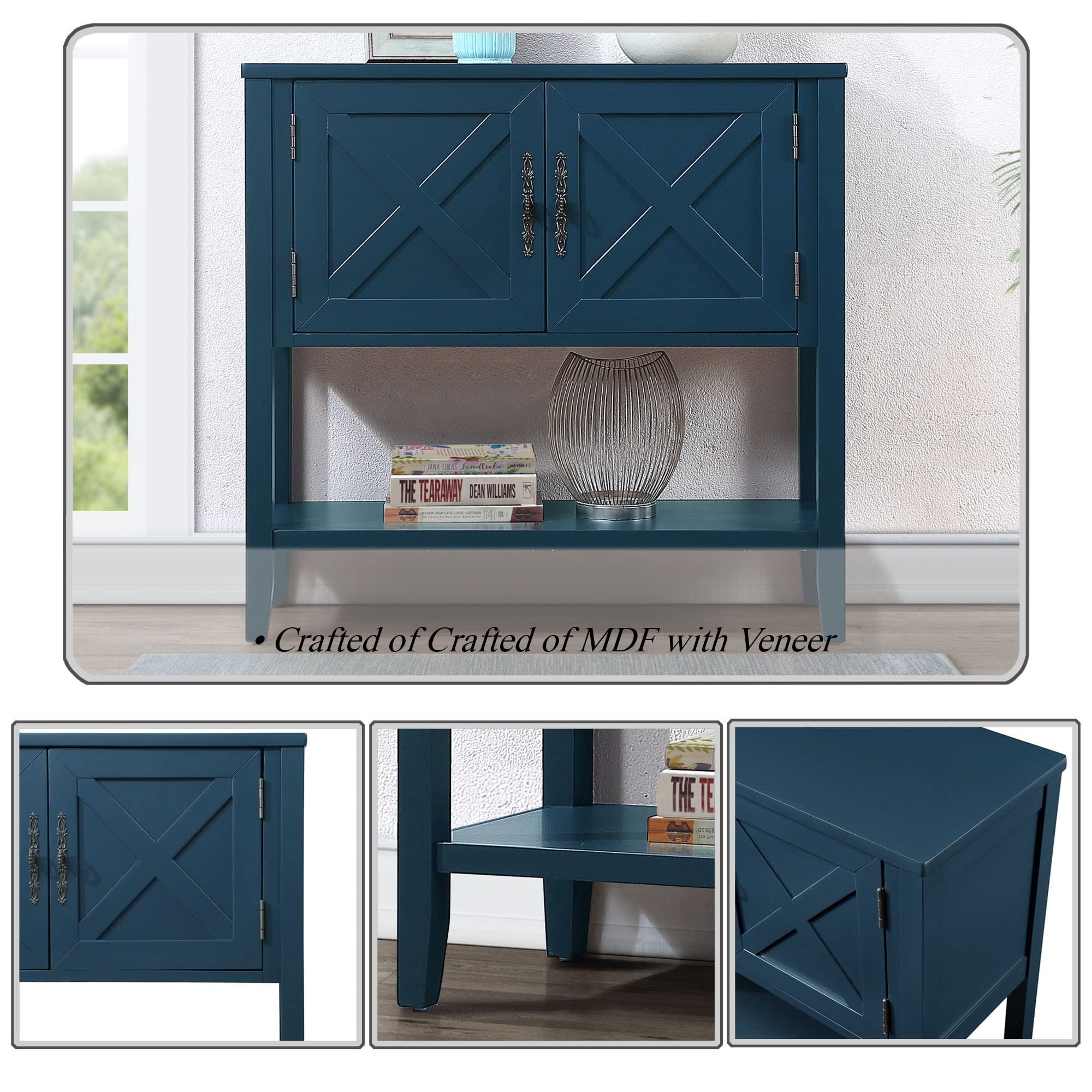 35 Inch Farmhouse Wood Buffet Sideboard Console Table with Bottom Shelf & 2-Door Cabinet - Rustic Dining Room Furniture for Kitchen, Living Room, Entryway Storage (Navy Blue) | Perfect for Farmhouse Decor, Small Space Storage & Dining Room Organization