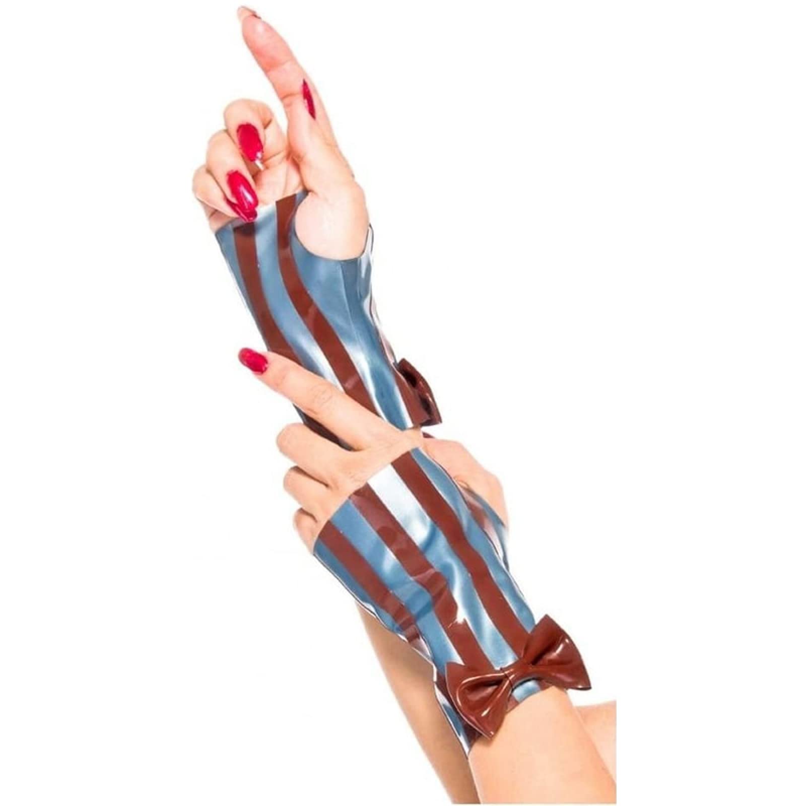 Pearl Blue & Brown Fingerless Latex Gloves with Bows & Stripes - XXL Size, Pink & Brown Rubber Mittens for Cosplay, Fashion Accessories, and Gothic Outfits