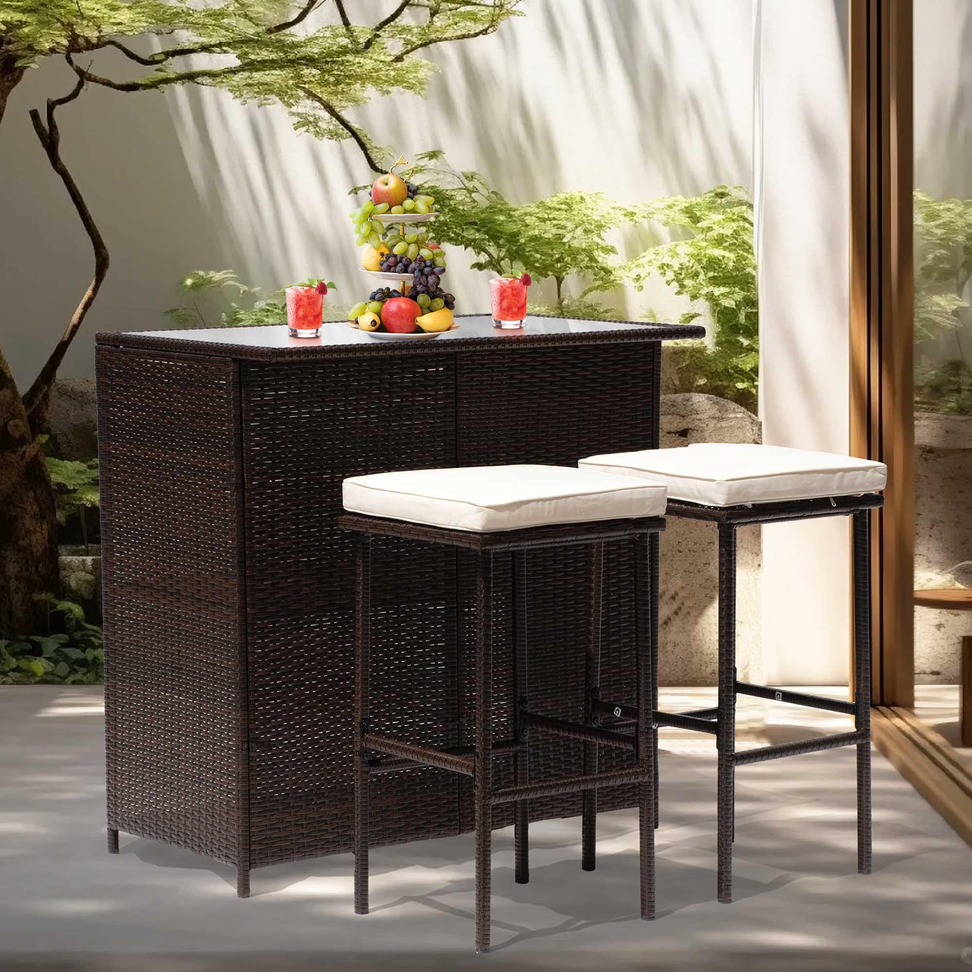 Premium 3-Piece Rattan Bar Set - Patio Wicker Bistro Table with 2 Bar Stools, Tempered Glass Top & Storage Shelves for Outdoor/Indoor Use - Perfect for Poolside, Porch, Garden & Backyard Entertaining (Khaki)