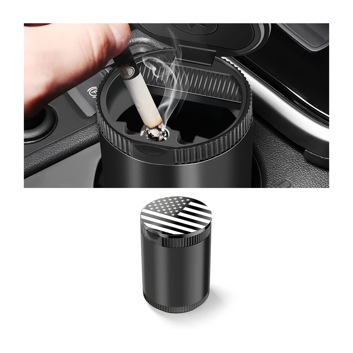 AUCELI Car Ashtray with Lid - Detachable Ash Container for Vehicle Cup Holders, Smokeless Cigarette Holder with USA Flag Design - Portable Mini Trash Can for Car, Office & Home Use - Ideal for Travel, Road Trips & Indoor Smoking Areas (Black)