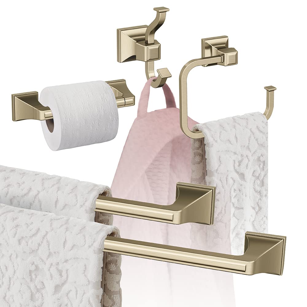 Amerock Mulholland 5-Piece Bathroom Accessories Set in Golden Champagne - Elegant Towel Bar, Robe Hook, Toilet Paper Holder & More for Modern Bathroom Decor