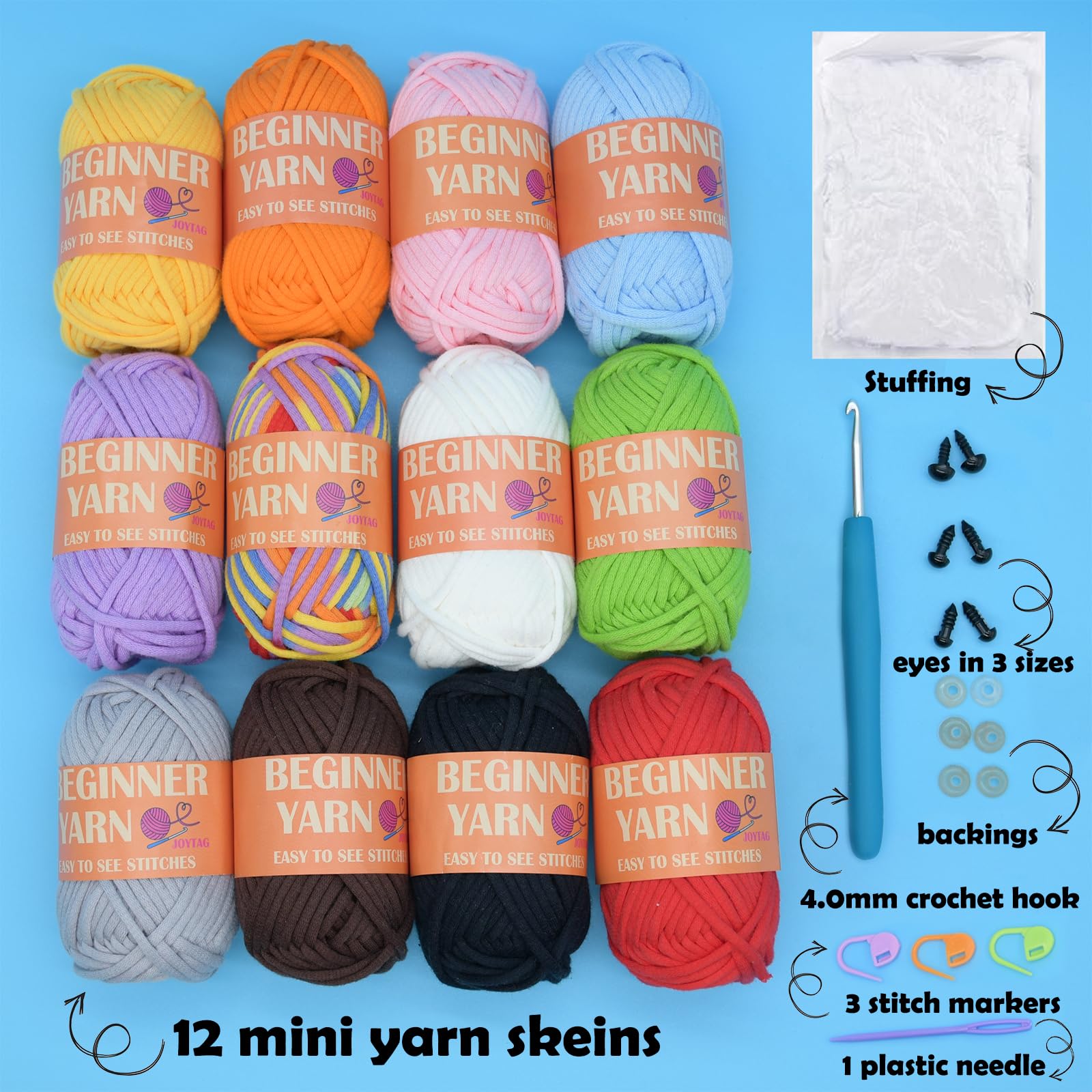 12 Pack Rainbow Cotton Crochet Yarn for Beginners - Blue, Green, Pink, Purple, Yellow - Easy-to-See Stitches Mini Yarn for Crocheting & Knitting (12x25g) - Perfect for DIY Crafts, Baby Blankets, Scarves & Amigurumi Projects