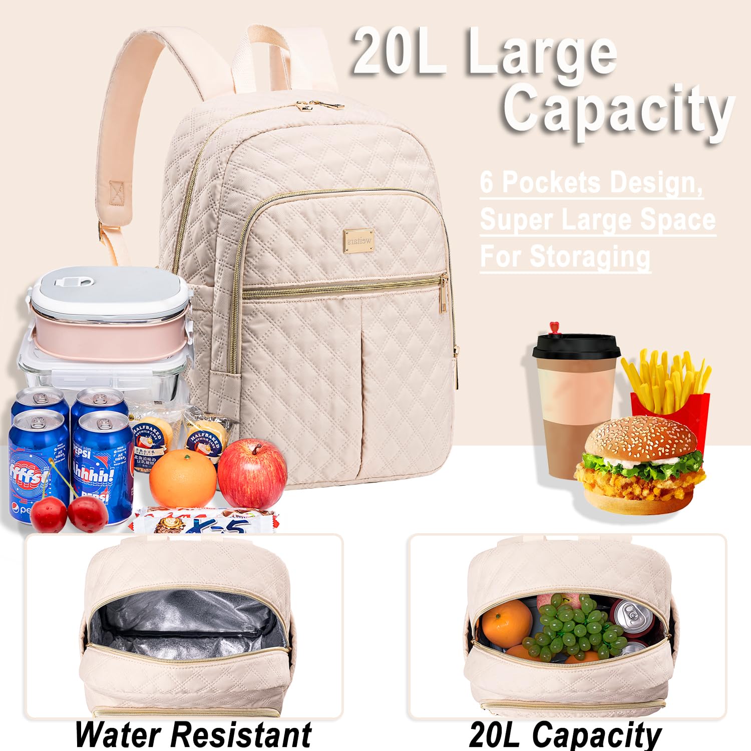 Weitars 20L Insulated Lunch Backpack for Women & Men - Waterproof Cooler Bag with Side Pockets for Meal Prep, Picnic, Hiking, Camping, Beach & Work | Perfect for Office, School & Outdoor Adventures