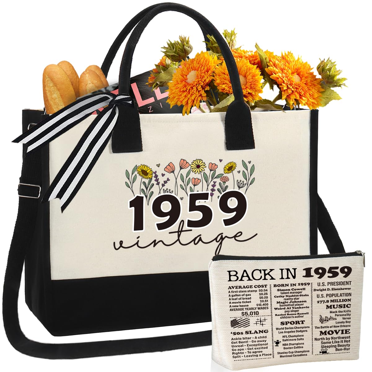 65th Birthday Gifts for Women - Vintage 1959 Canvas Tote Bag & Cosmetic Makeup Bag Set - Perfect Birthday Present for Mom, Grandma or Friend Turning 65 - Great for Travel, Shopping & Daily Use