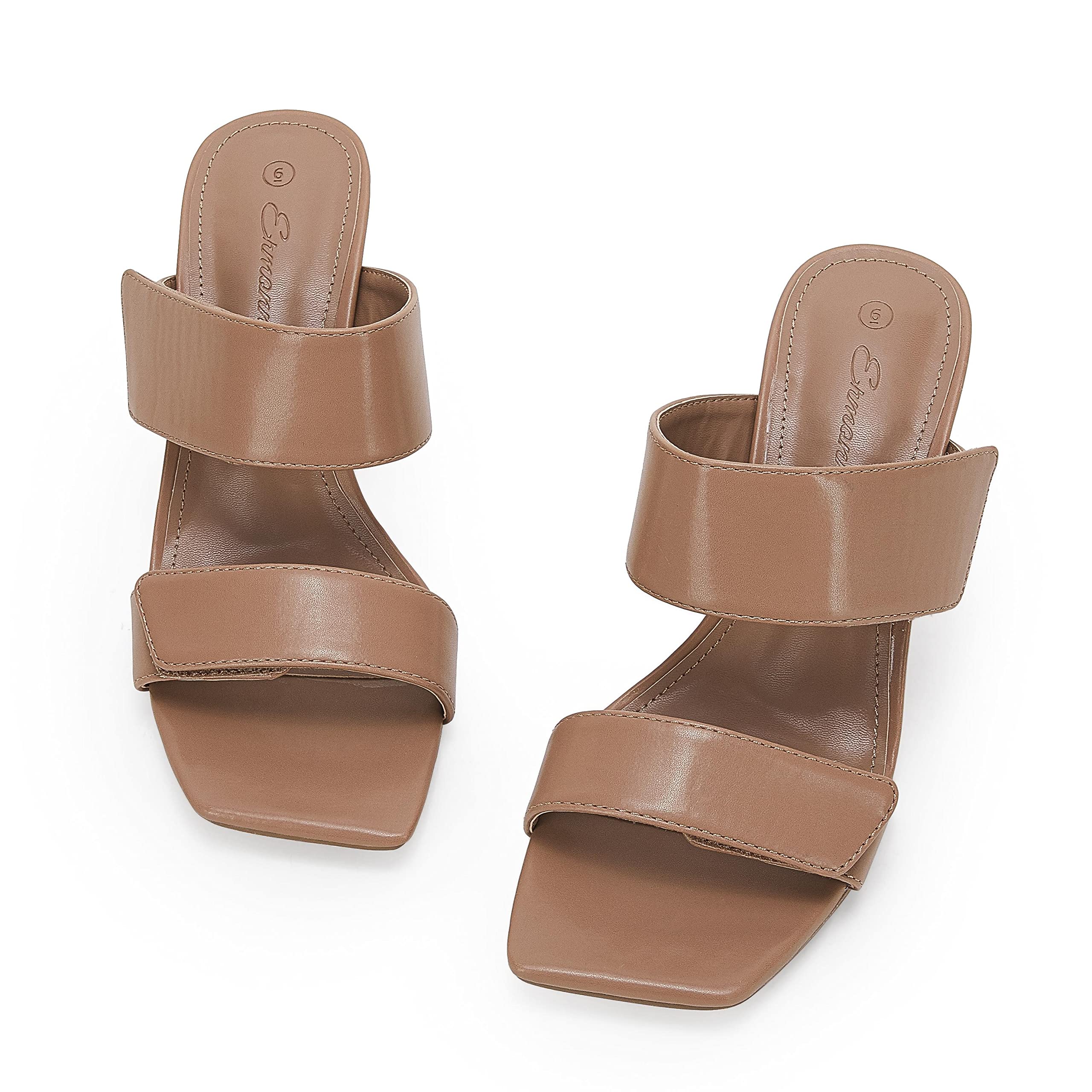 Ermonn Women's Two Strap Heeled Sandals - Slip On Square Open Toe Stiletto Mules with Faux Leather & Backless Design - Perfect for Summer Parties, Weddings & Night Out