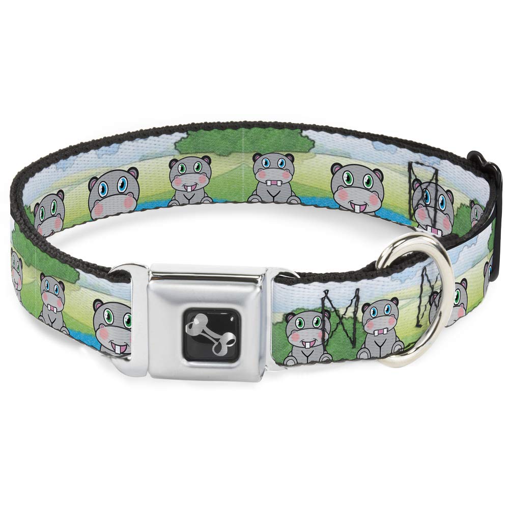 Buckle-Down Adjustable Hippo Cartoon Dog Collar with Bone Pattern - Small (9-15 inch) - Perfect for Small Dogs, Puppies & Pet Fashion Accessories