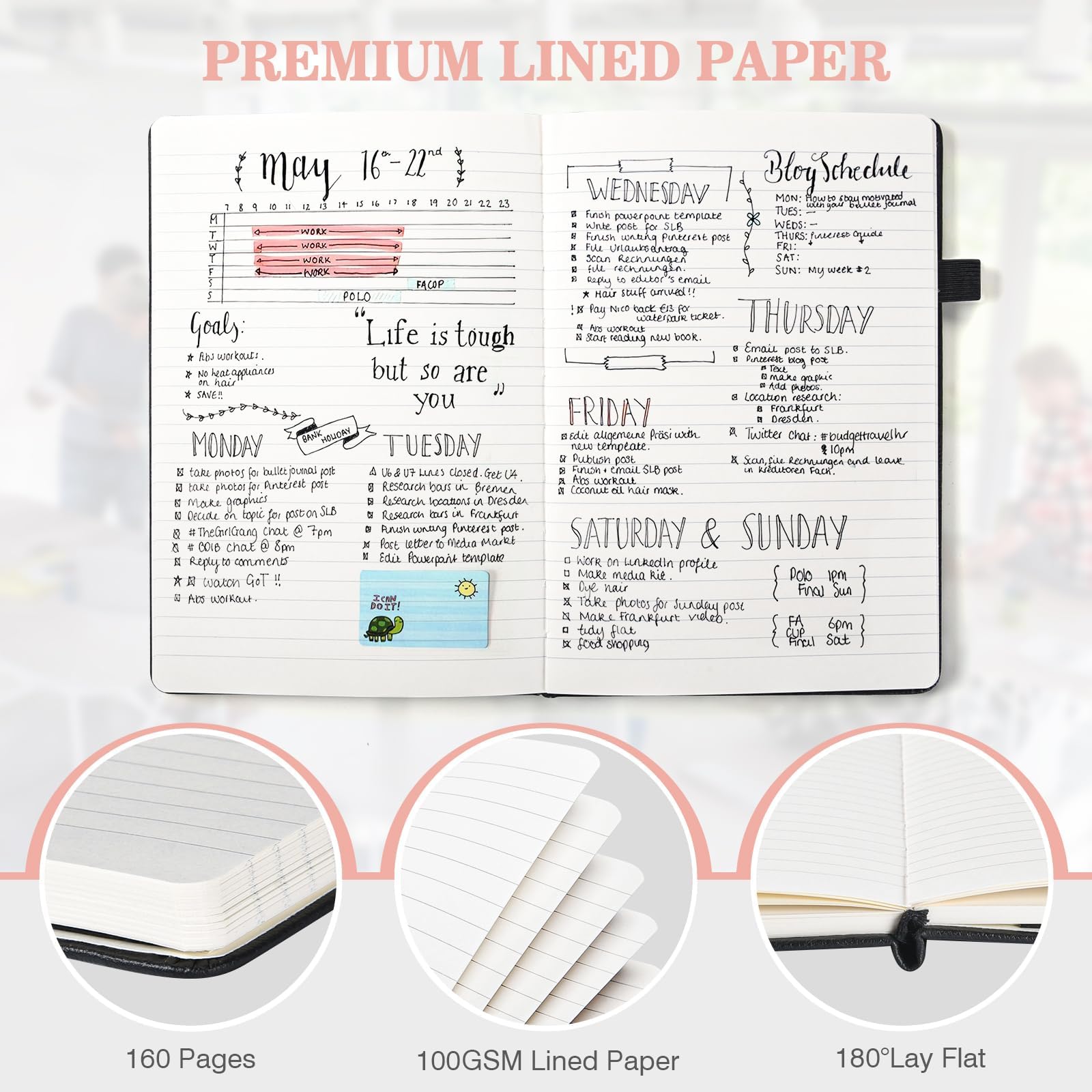 OMEYA 3-Pack A5 Lined Hardcover Notebooks with Pockets & Pen - 160 Pages College Ruled Journal for Work, School, Office - Premium 100GSM Thick Paper Leather Notebook for Women & Men (Pink) - Perfect for Business Meetings, Note Taking & Daily Planning