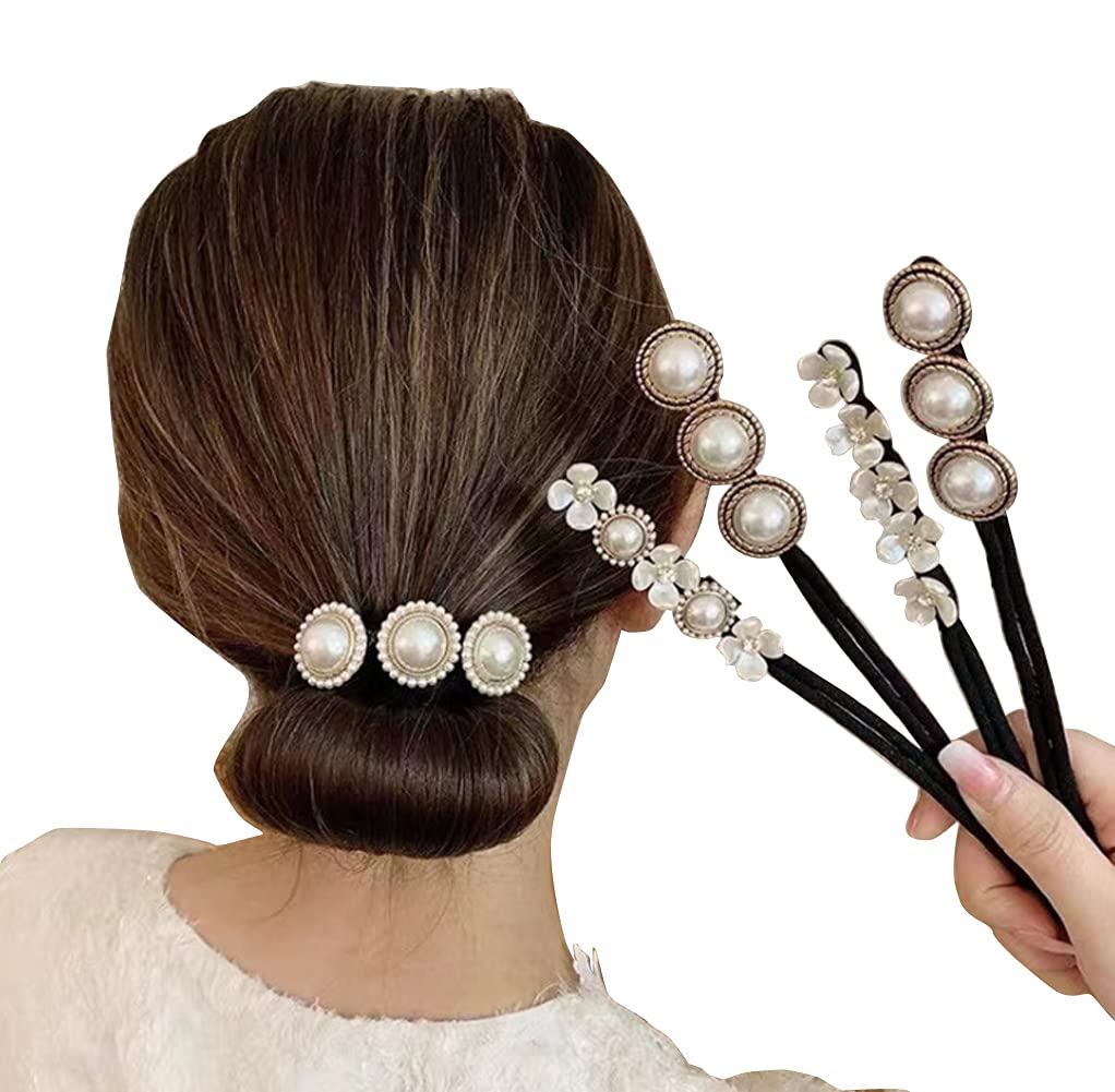 4 Pcs Magic Hair Bun Maker Set with Pearl & Flower - Easy DIY Hair Styling Tools for Women & Girls - Perfect for Weddings, Parties & Everyday Hairstyles