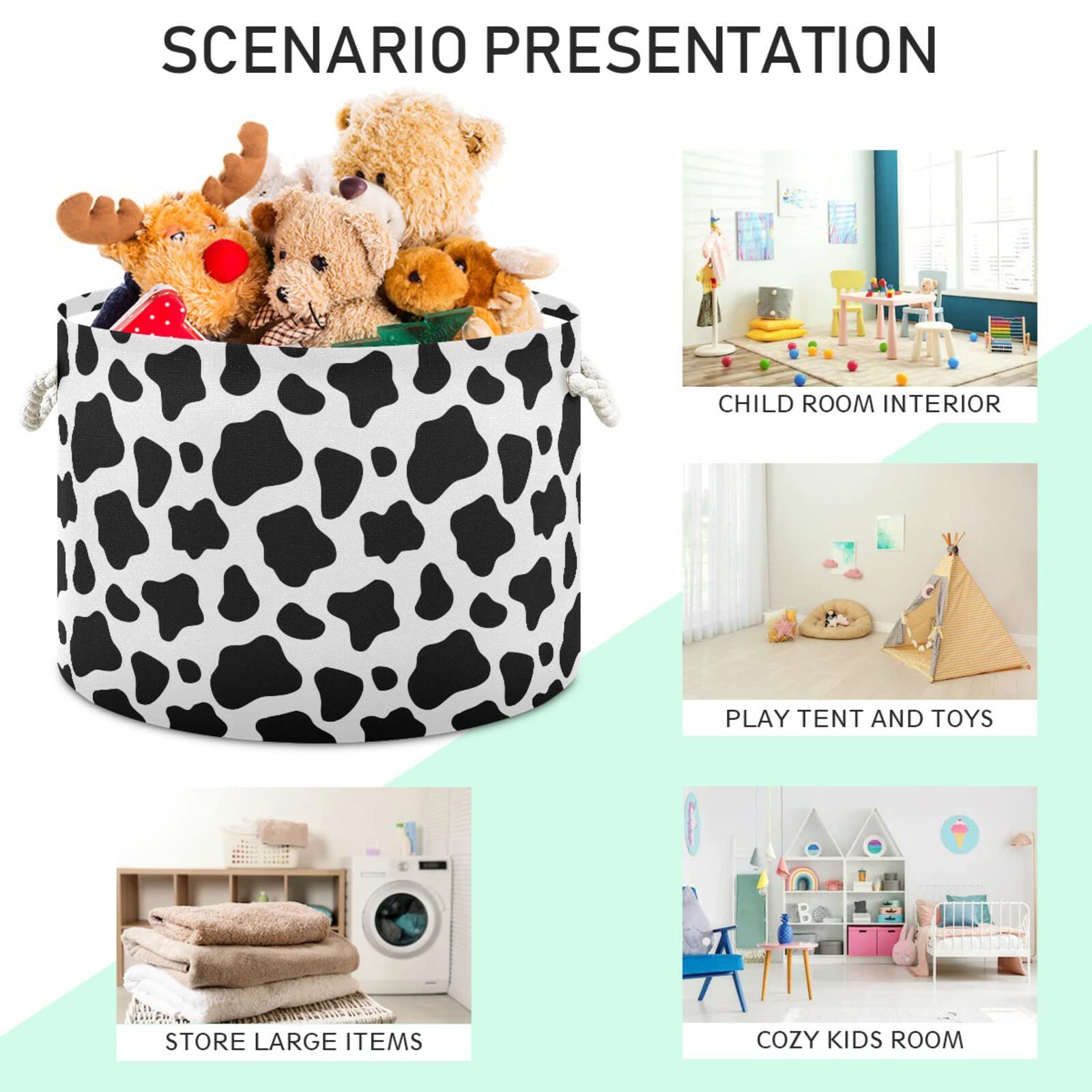 ALAZA Large Round Storage Basket - Black and White Cow Print Toy Basket, Nursery Bins & Laundry Hamper for Bathroom, Bedroom, Home Decor | Perfect for Organizing Toys, Clothes & Home Essentials