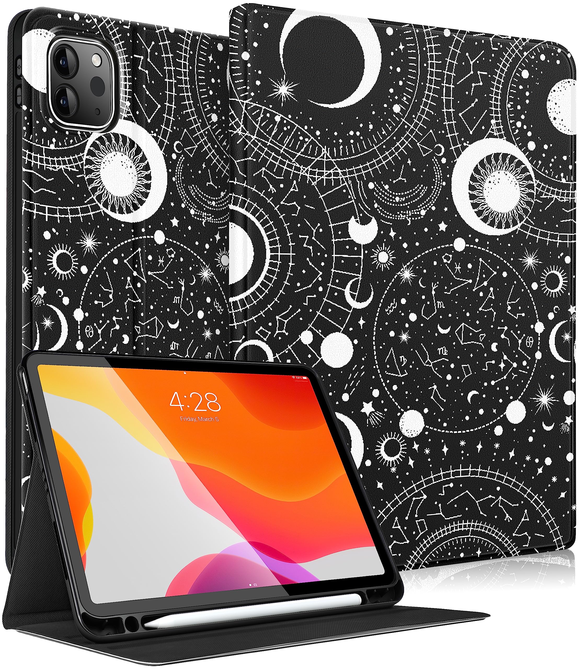 Uppuppy Cute Moon Black Folio Case for iPad Air 5th/4th Gen (10.9 Inch) & iPad Pro 11 Inch (2022/2020) - Pencil Holder Protective Cover for Women, Girls & Kids - Perfect for School, Work & Travel A2588 A2316