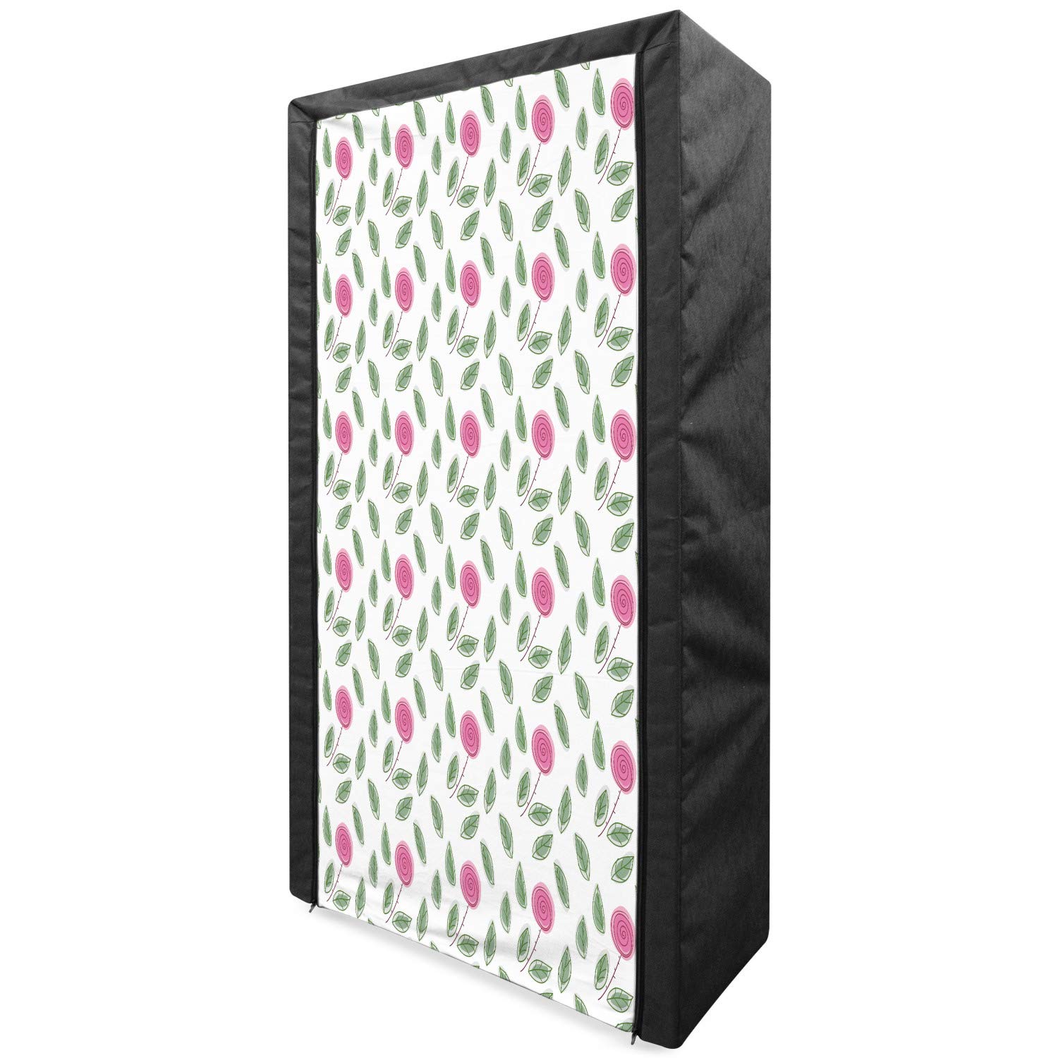 Ambesonne Rose Portable Fabric Wardrobe - Pink Rose Blossom Pattern with Spiral Designs & Green Leaves, 33.5 Inch Clothing Organizer with Shelves for Bedroom, Closet & Dorm Storage | Pink, Reseda Green & White