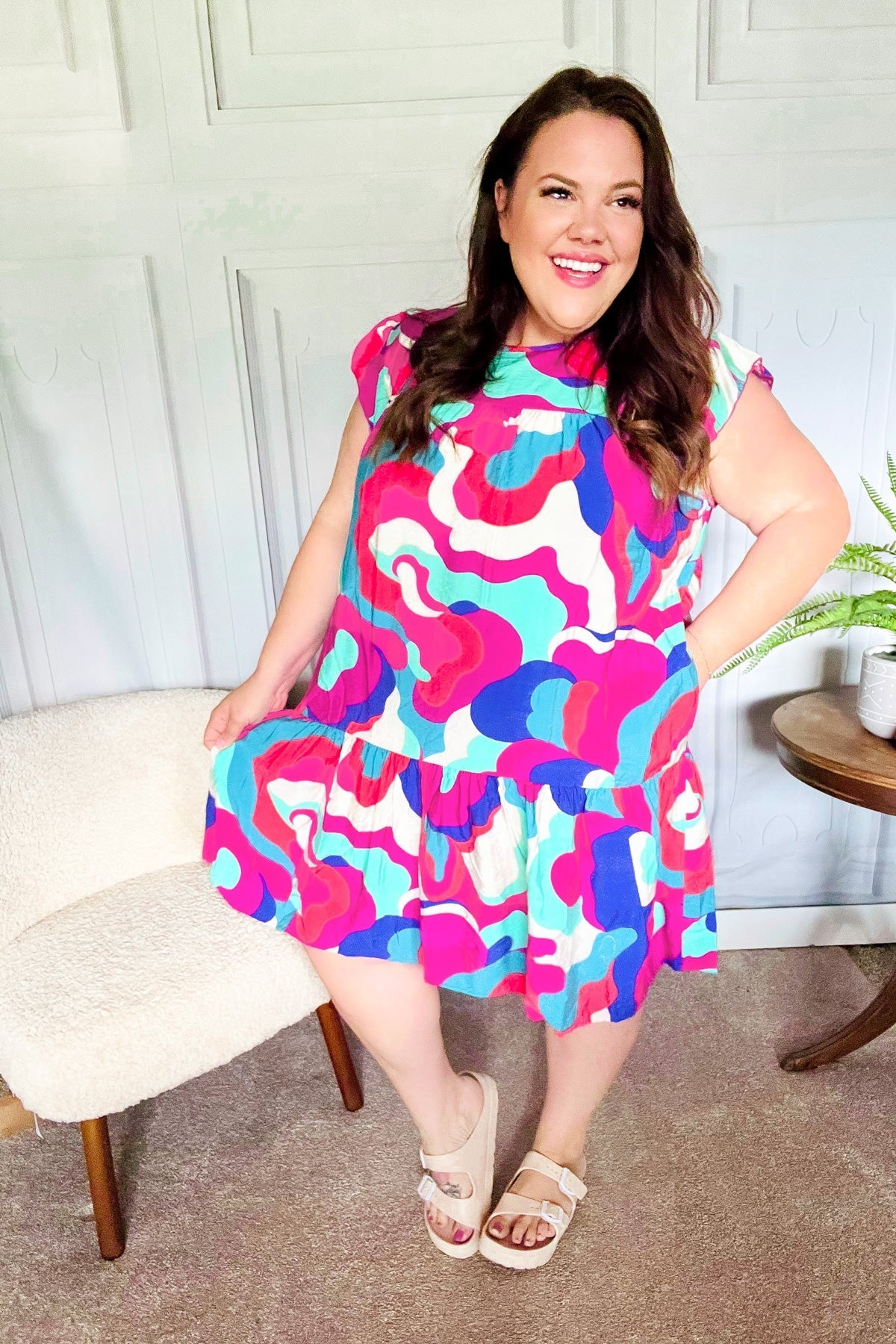 Go For Fun Fuchsia Geo Print Tiered Ruffle Sleeve Woven Dress for Women | Summer Casual Party Wear | Perfect for Beach Vacations, Date Nights & Outdoor Events