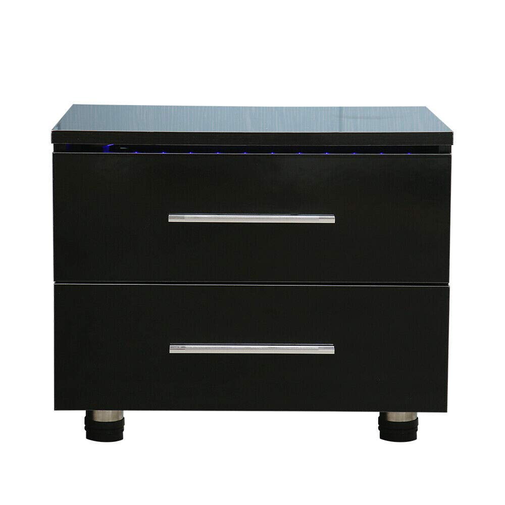 Modern White/Black High Gloss Nightstand with 2 Drawers & LED Lights - Bedside End Table Organizer for Bedroom - Particle Board Storage Cabinet (Black) - Perfect for Small Spaces, Apartments, and Contemporary Home Decor