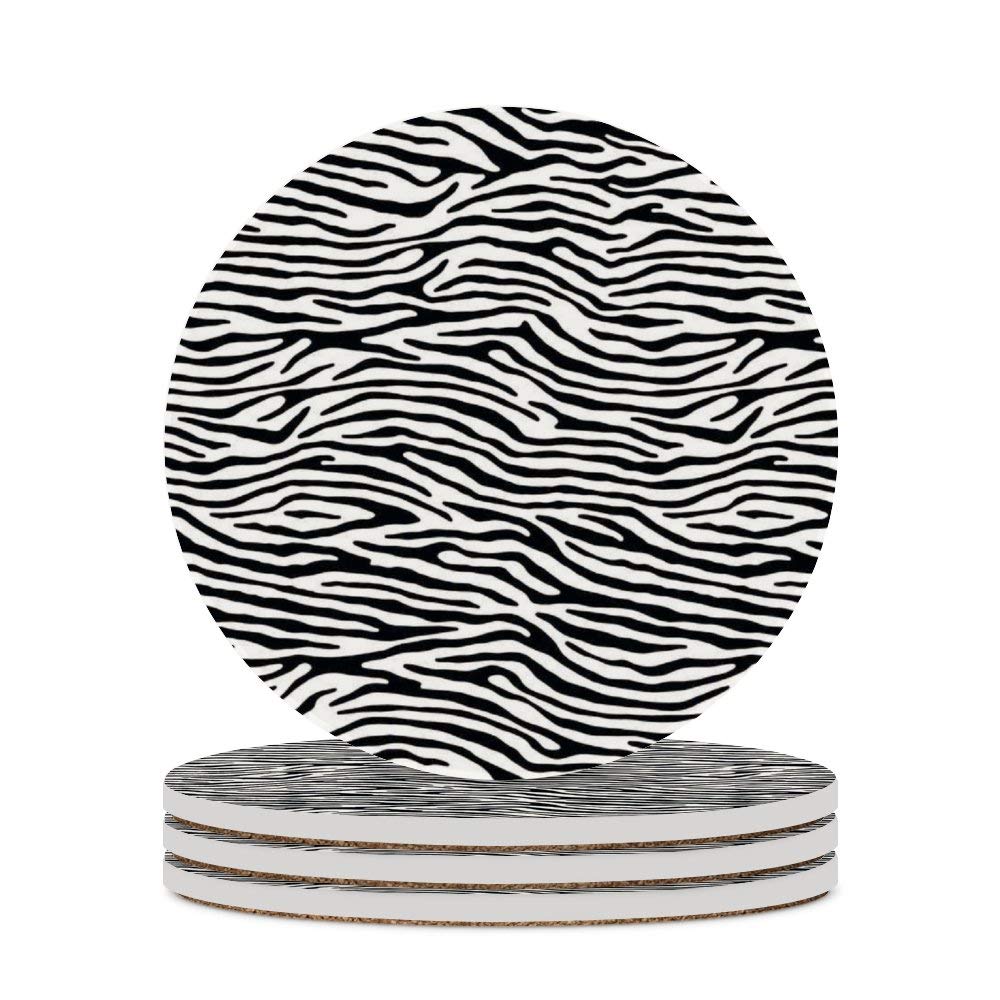 Zebra Print Ceramic Coasters Set of 2 - Absorbent Round Drink Coasters with Cork Base for Coffee Cups & Glasses - Black and White Bar & Farmhouse Home Decor for Dining Table, Coffee Table & Kitchen Use