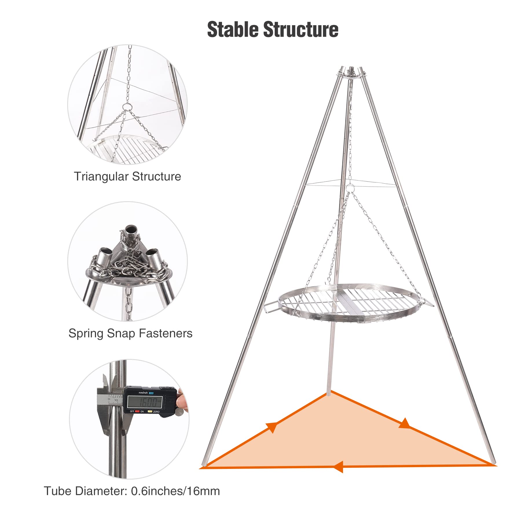 Lineslife Stainless Steel Campfire Tripod Grill with Round Grate & Carry Bag - Durable Outdoor Cooking for Camping, Backyard BBQ & Picnics - Perfect for Grilling Meat, Fish & Vegetables Over Open Fire
