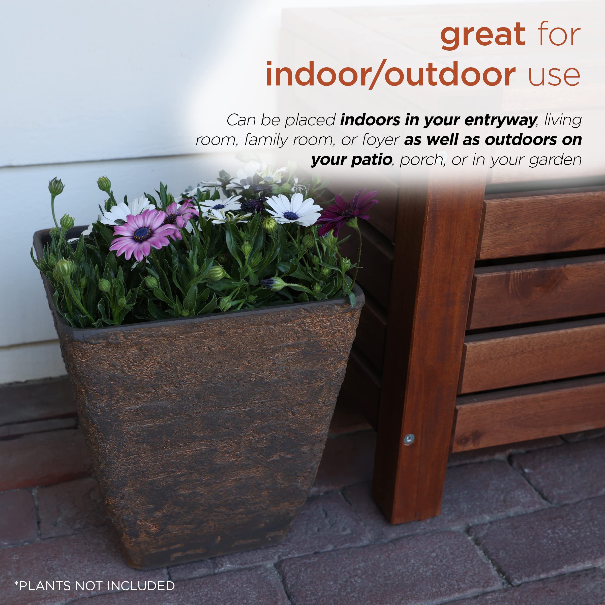 Alpine Corporation Indoor Outdoor Stone Look Square Planter Set of 2 - Small Brown Flower Pots for Patio, Garden, Deck & Home Decor