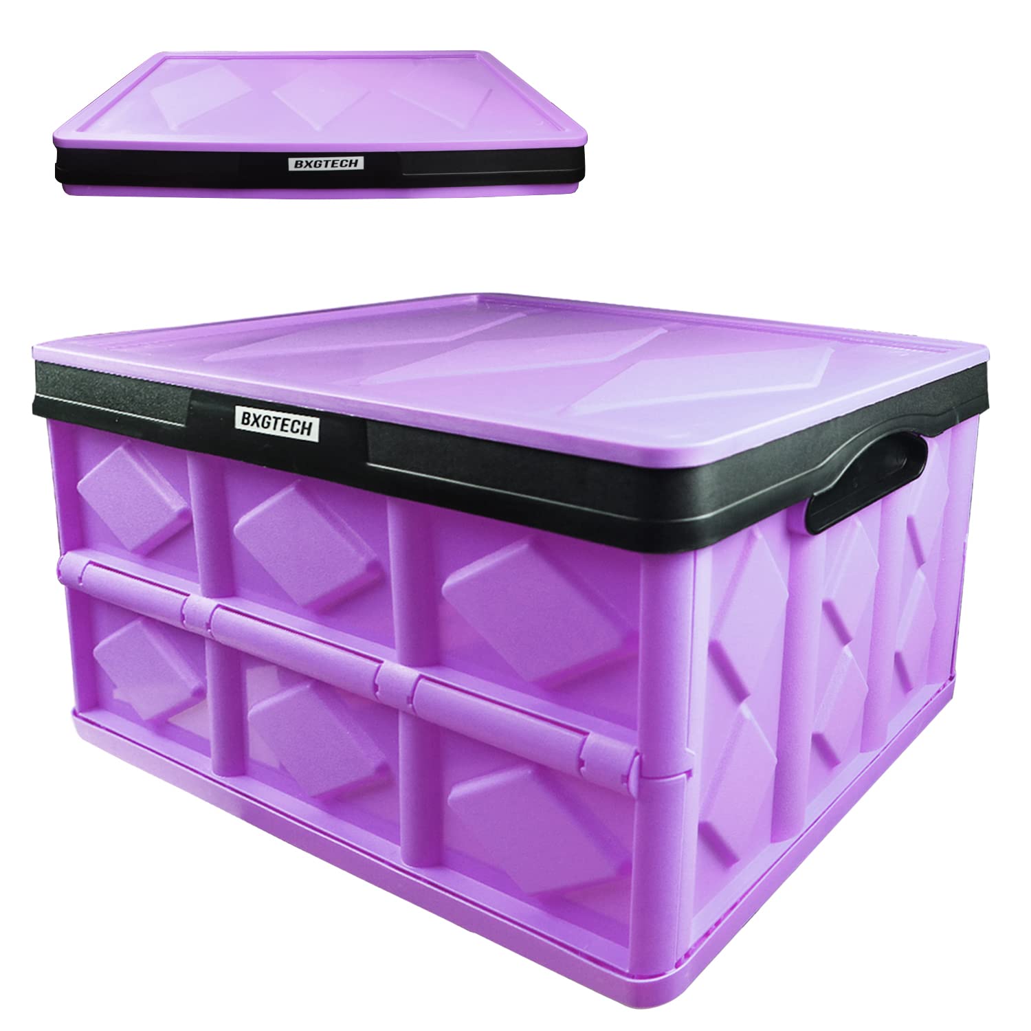 BXGTECH 55L Collapsible Storage Bin with Lids - Foldable Storage Box for Home, Office, Kitchen Organization - Perfect for Toys, Books, Snacks, Shoes & Grocery Storage (Purple & Black) - Space Saving Solution for Closet, Pantry & Garage Organization