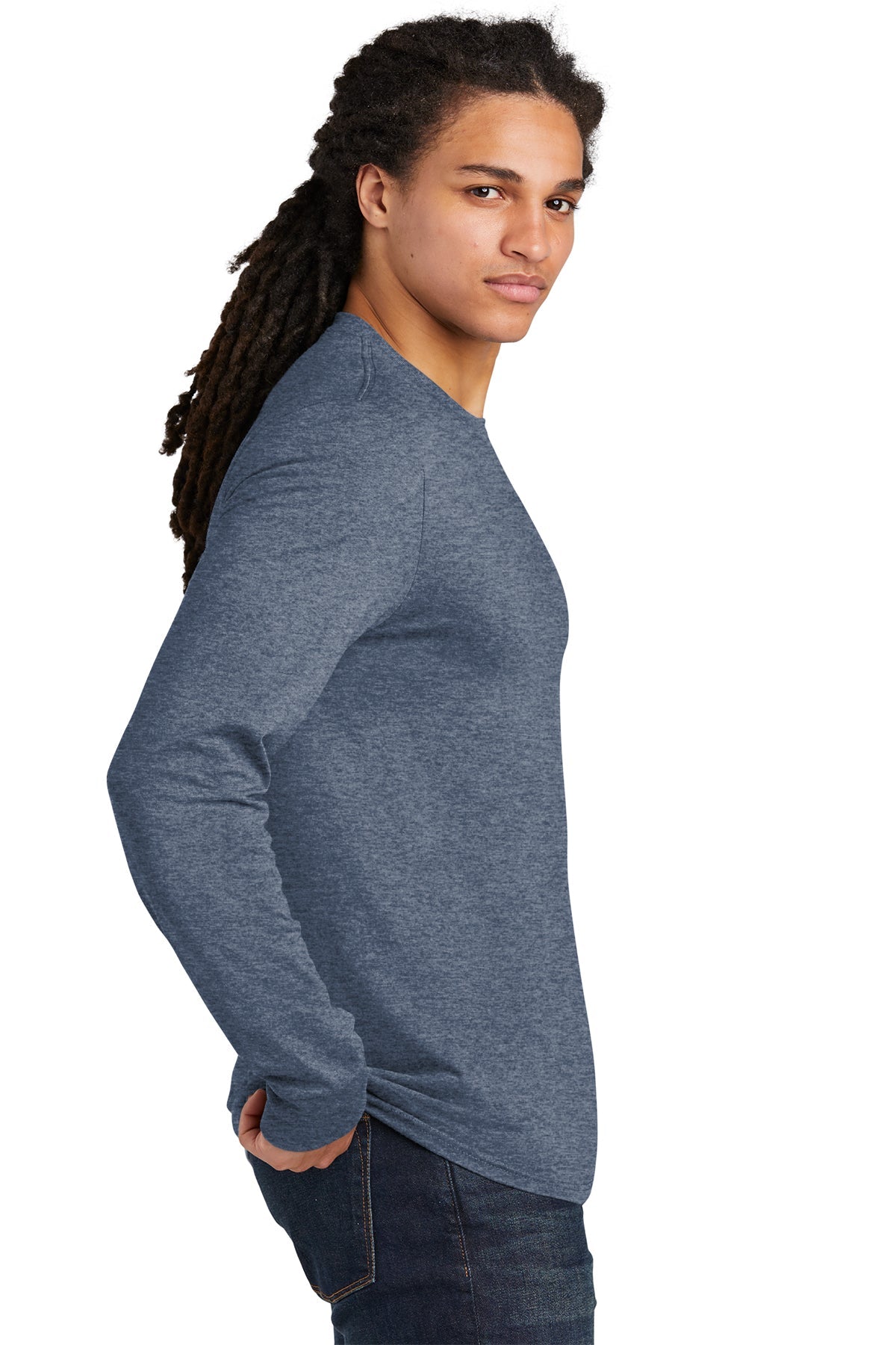 District Made Men's Perfect Tri Long Sleeve T-Shirt - Soft Cotton Crewneck Tee in Navy Frost for Casual Wear & Layering