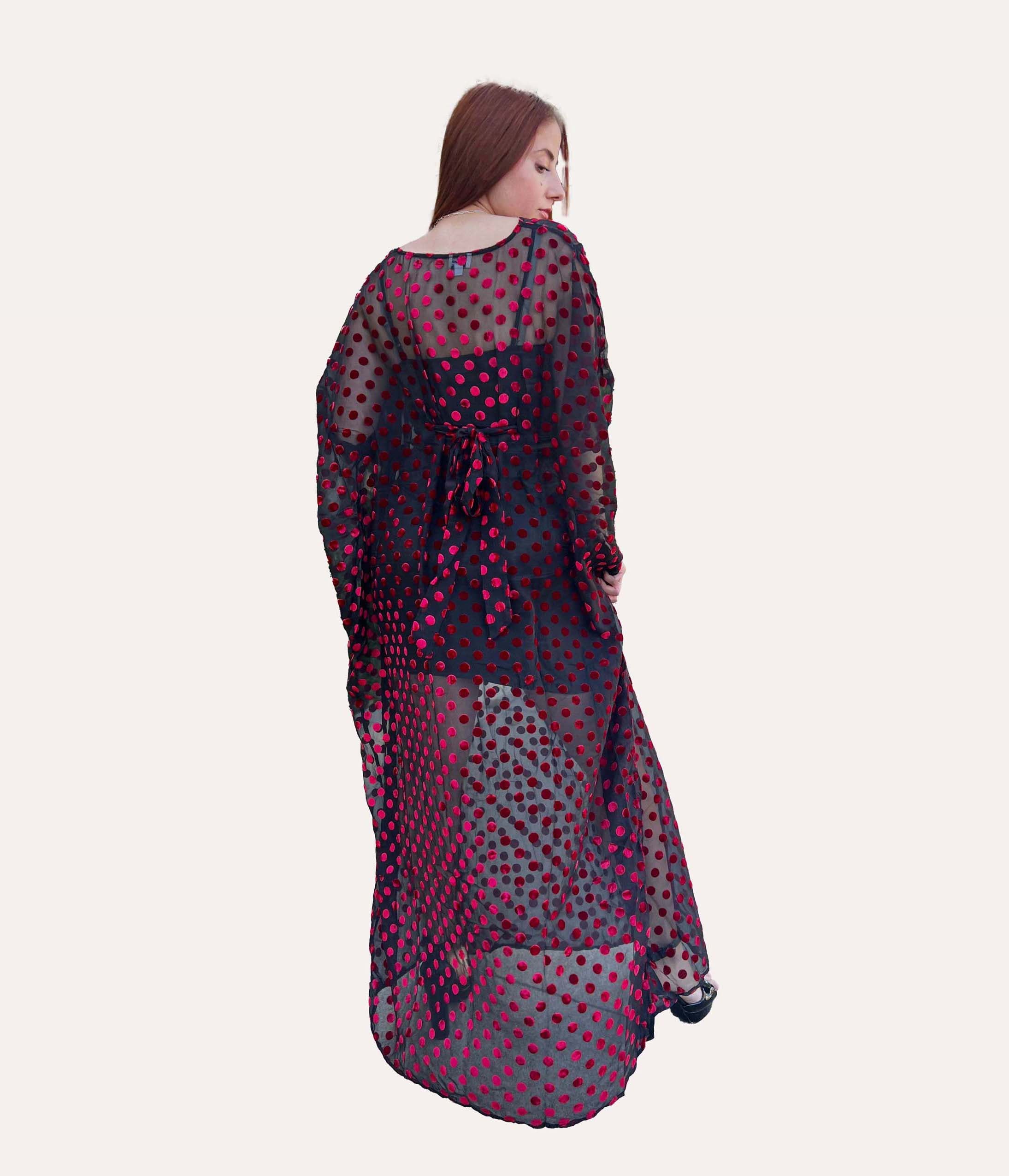 Unique Vintage Black & Red Swiss Dot Burton Caftan Dress - Flowy Boho Maxi Dress for Women | Perfect for Beach Vacations, Summer Parties & Casual Outings