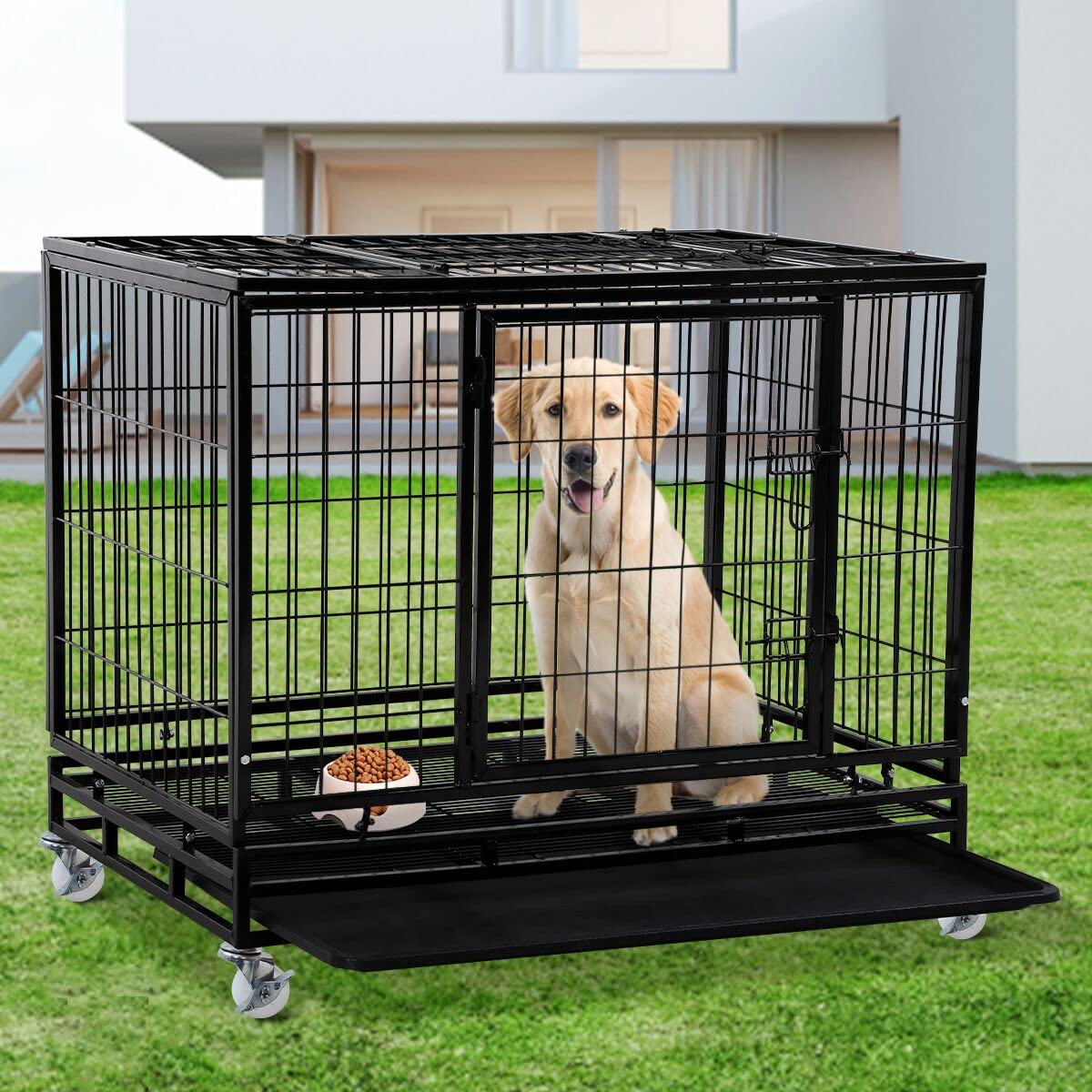 Heavy Duty 42 Inch XL Dog Cage with Wheels & Removable Tray - Double Door Dog Crate for Large Breed Training, Travel & Home Use
