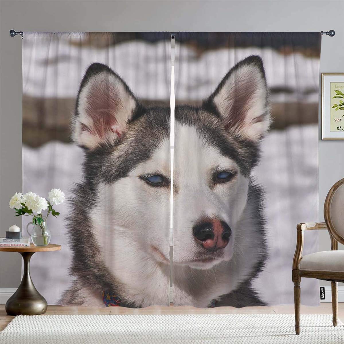Blackout Window Curtains with Siberian Husky Dog Print - Black & White Winter Snow Design with Blue Eyes - Thermal Insulated Darkening Drapes for Bedroom, Living Room & Kitchen (2 Panels, 108