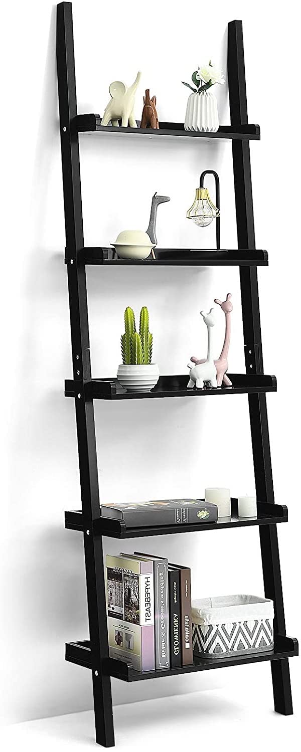 5-Tier Ladder Shelf - Rustic Wood Wall-Leaning Bookshelf & Storage Organizer for Living Room, Bathroom, Office - Perfect for Home Decor, Book Display & Space Saving (Black)