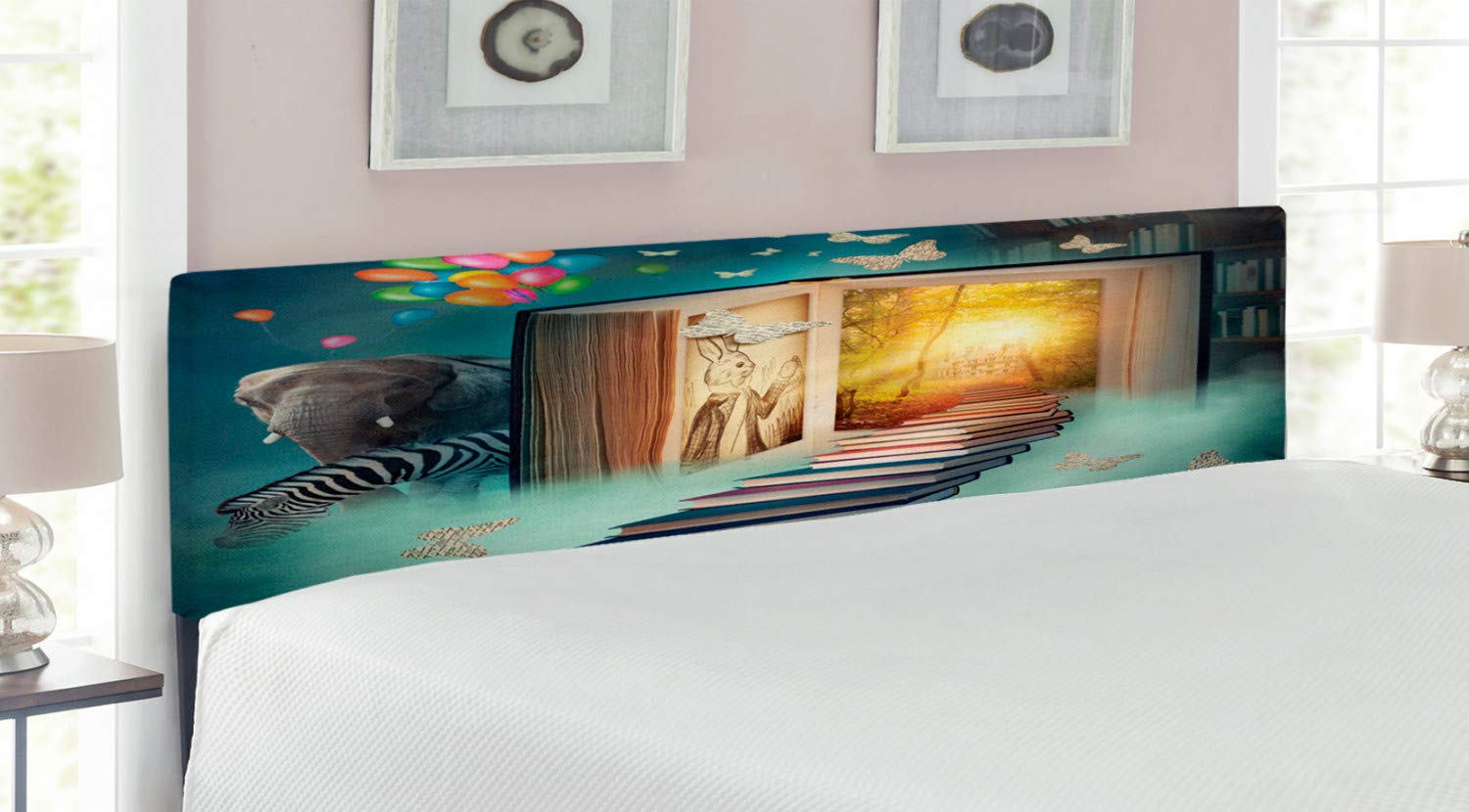 Ambesonne Fantasy Headboard - King Size Upholstered Decorative Metal Bed Headboard with Memory Foam | Teal & Yellow Animal Print Design Featuring Magic Book Forest, Balloons, Zebra, Elephant & Butterflies | Perfect for Kids' Bedrooms, Nursery Decor or Fantasy-Themed Master Suites