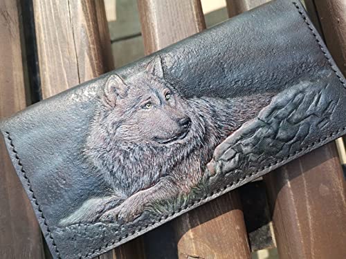 Handmade 3D Genuine Leather Biker Wallet for Men - Custom Engraved & Hand-Painted Long Leather Wallet with Wolf Couple Design - Perfect Gift for Bikers, Travelers & Outdoor Enthusiasts