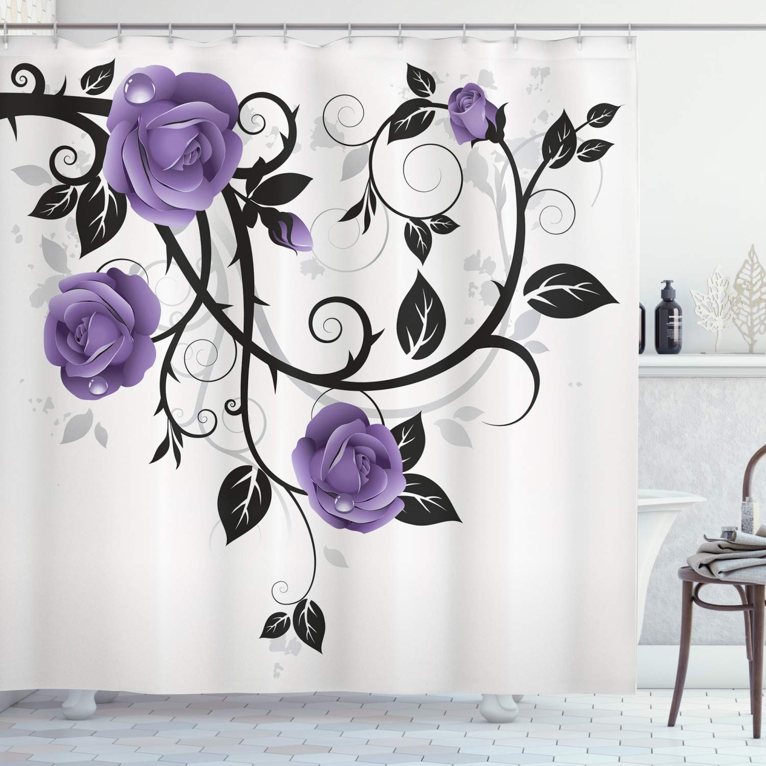 Lunarable Floral Shower Curtain - Spring Roses with Monochrome Branches on Grunge Background, 69x75 Inch Waterproof Fabric Bathroom Decor with Hooks, Lavender White - Perfect for Vintage Style Bathrooms & Boho Home Decor