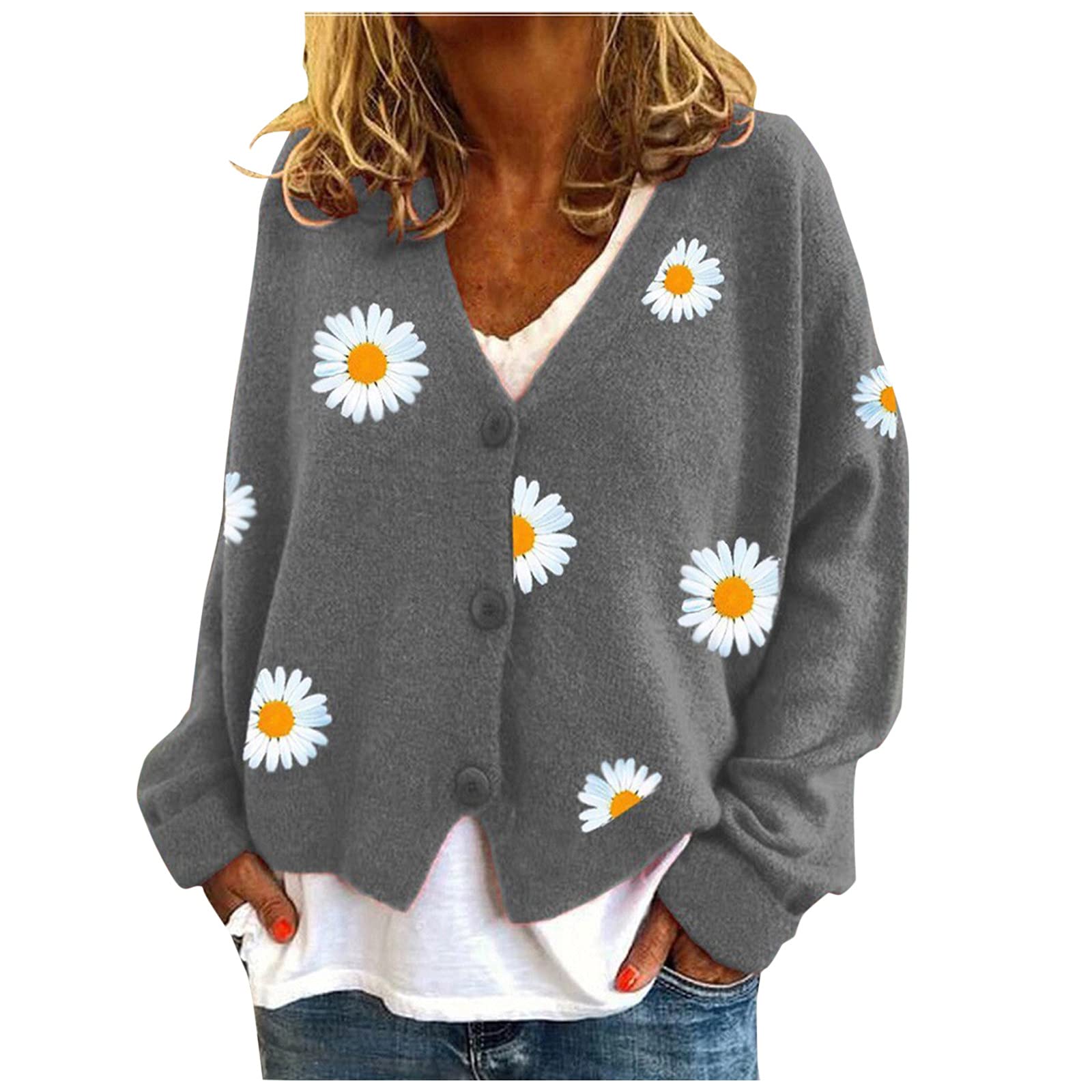 Women's Daisy Print Cropped V-Neck Cardigan - Warm Long Sleeve Sweater Top for Fall & Winter | Office Wear, Casual Outfits, Date Night